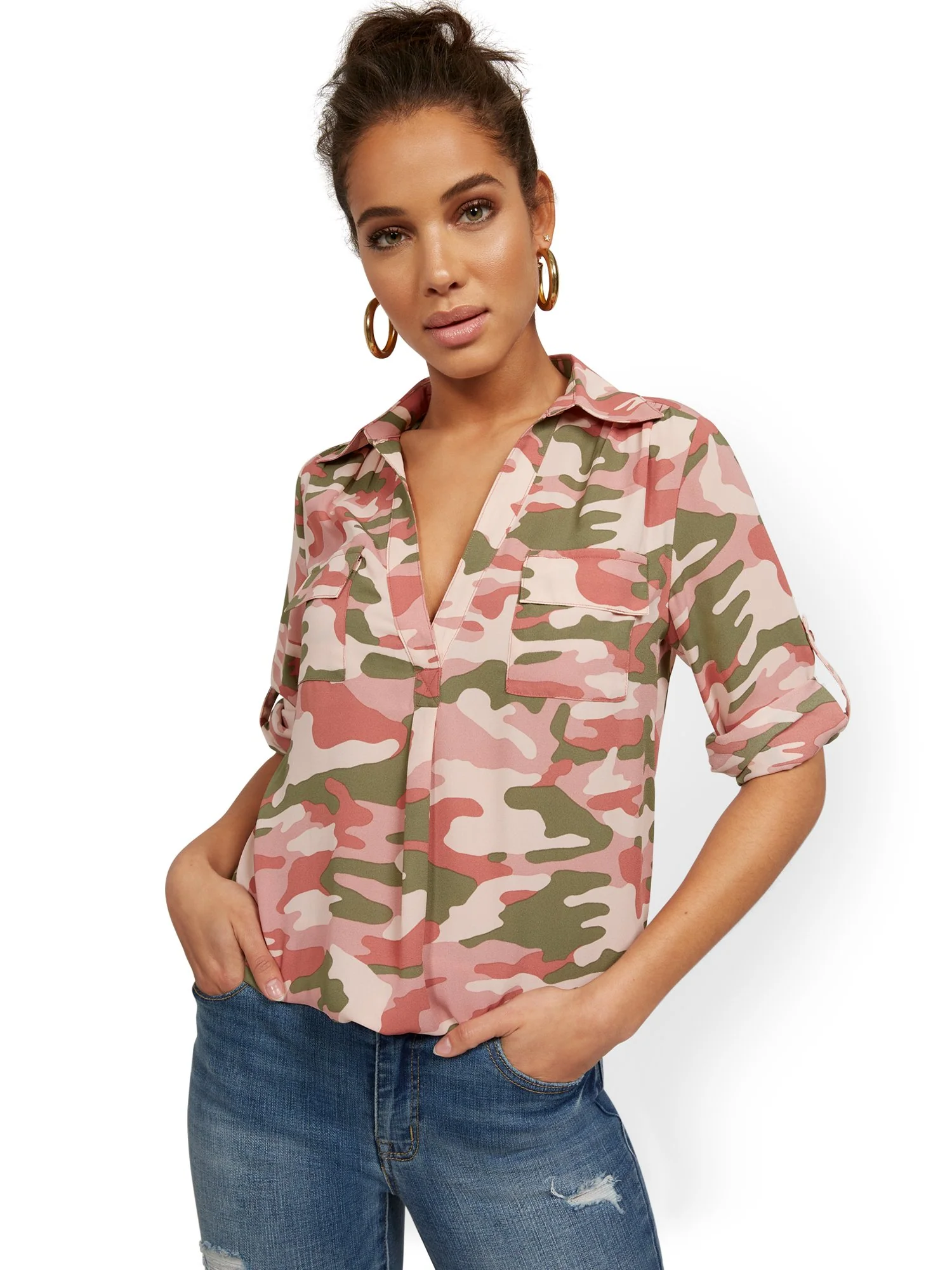 Tall Camo-Print Split-Neck Top - Image 6