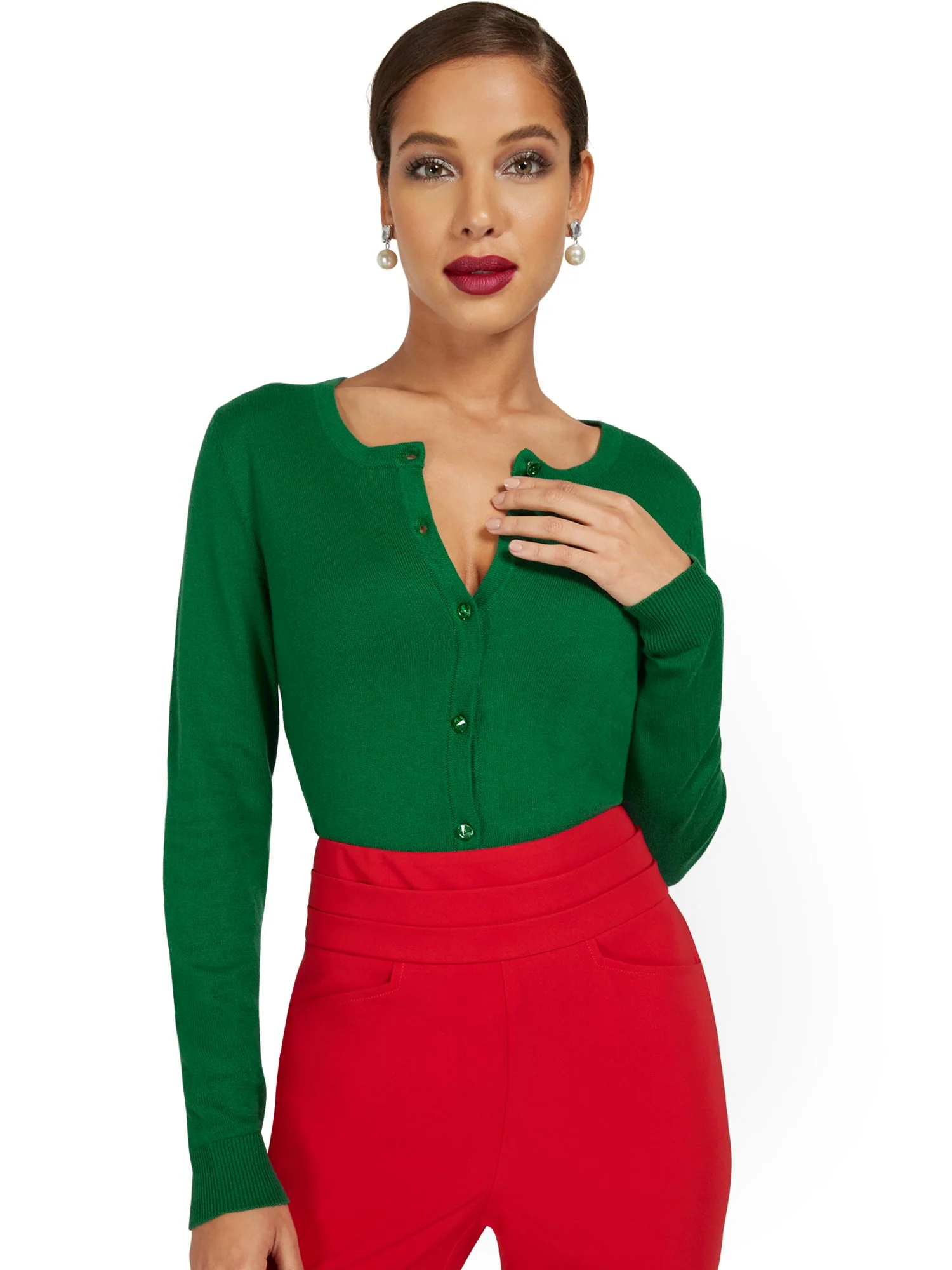 Tall Jeweled-Button Chelsea Crewneck Cardigan - Image 13