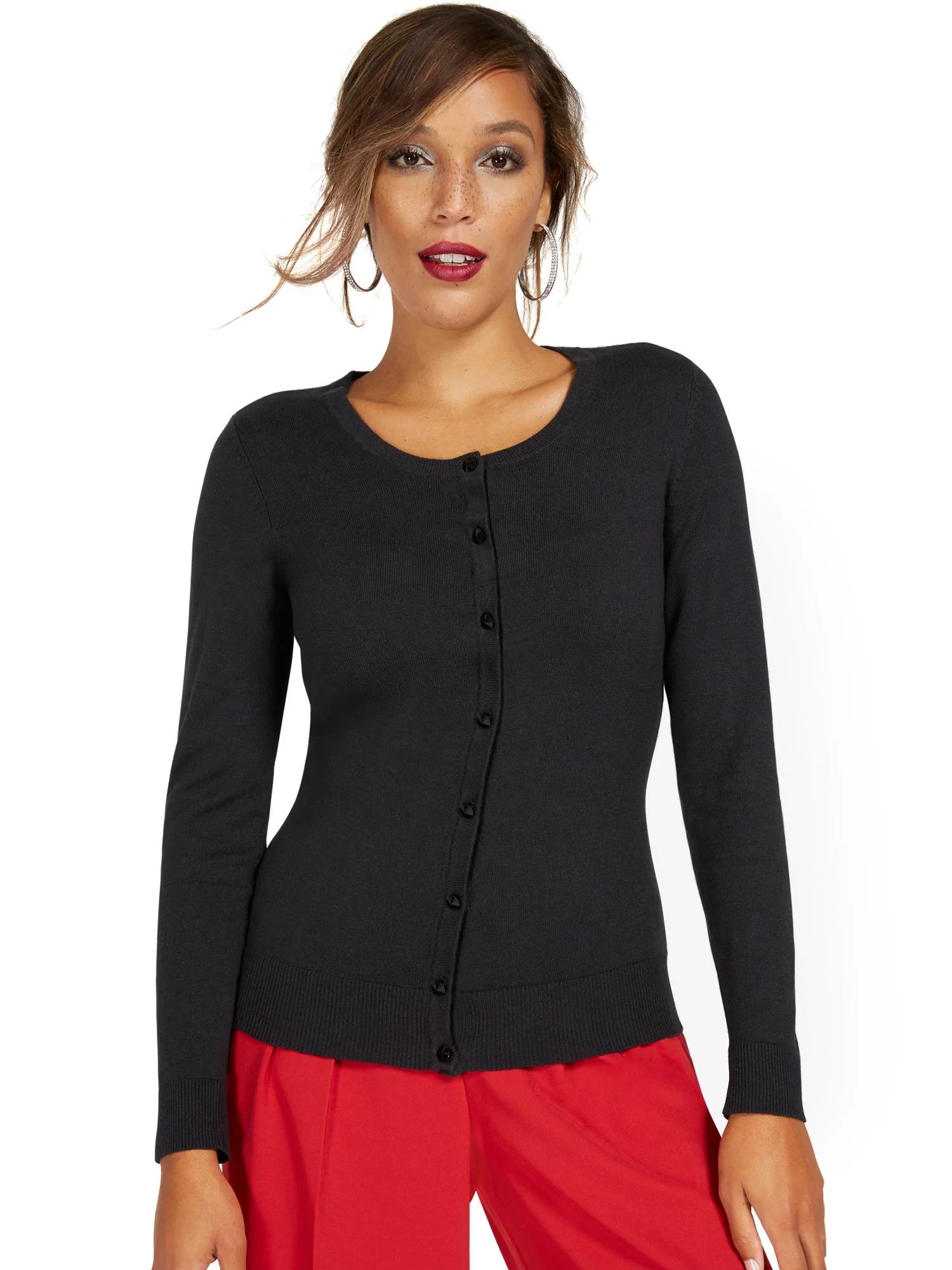 Tall Jeweled-Button Chelsea Crewneck Cardigan - Image 2