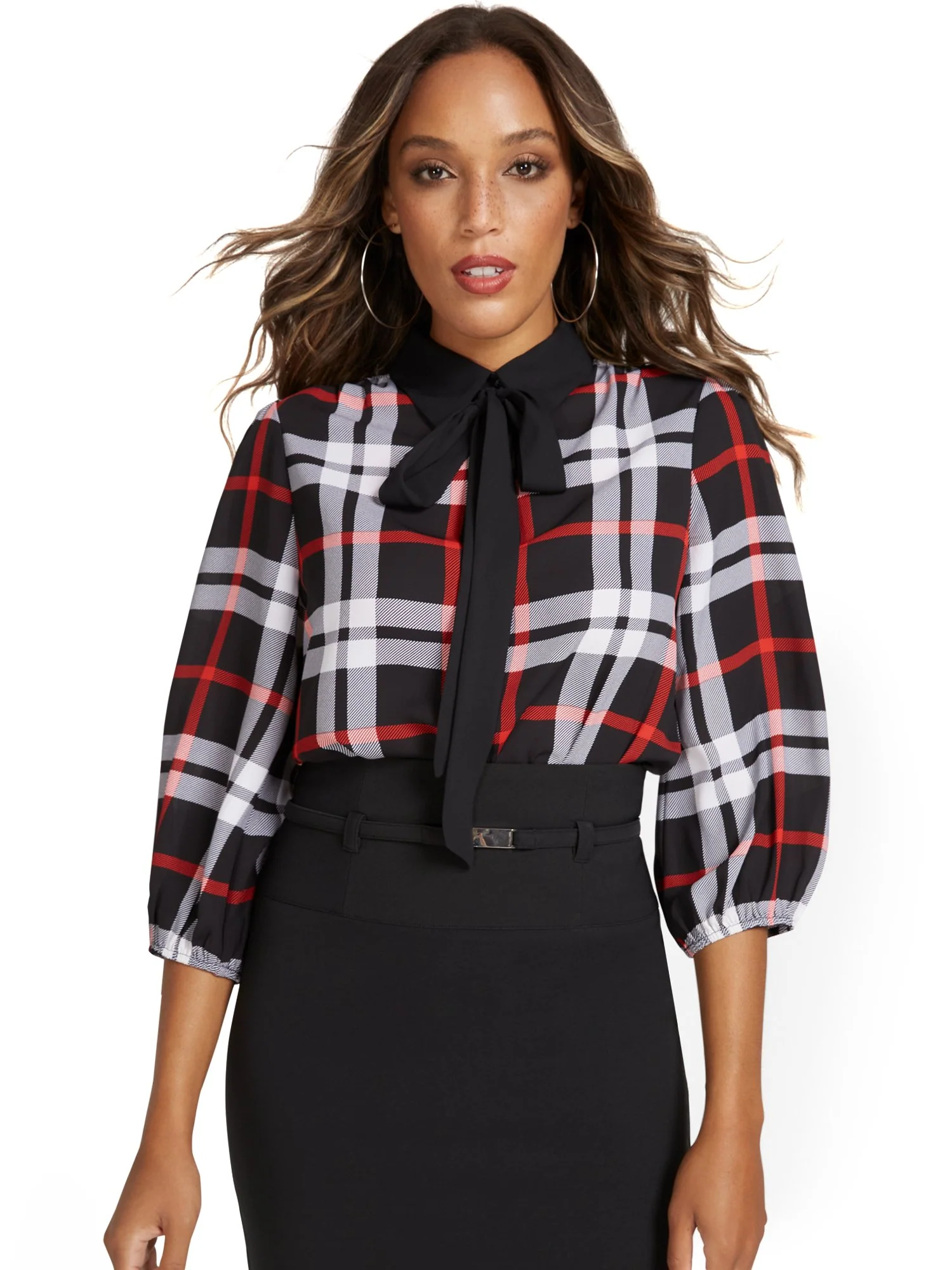 Tall Plaid Bow Blouse - Image 2