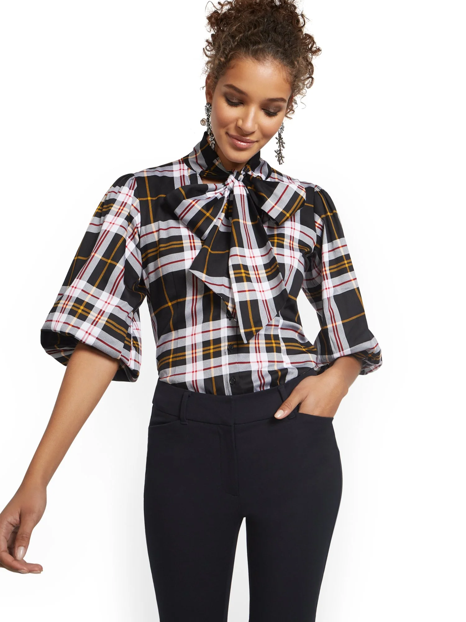 Tall Plaid Tie-Front Poplin Shirt