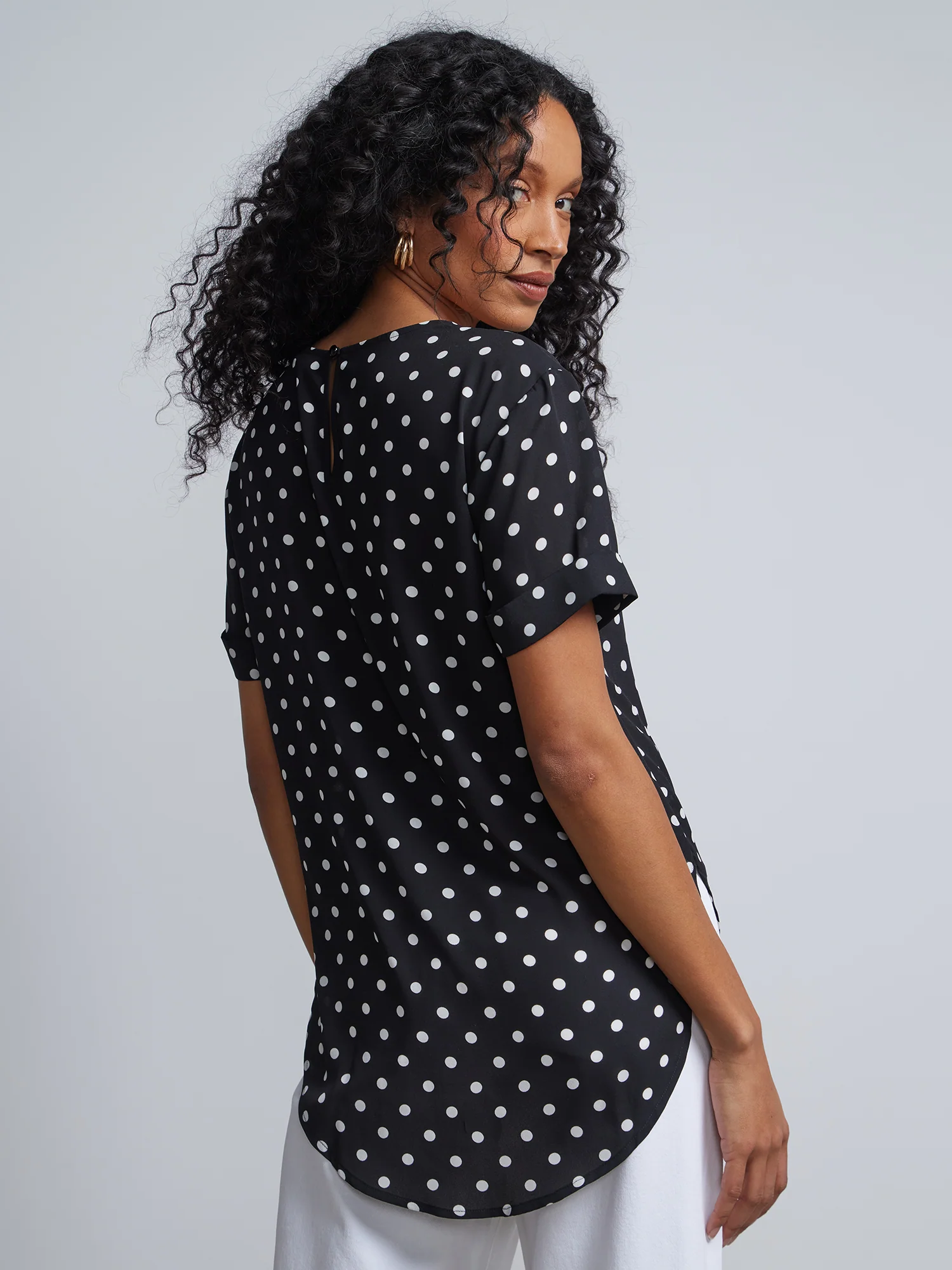 Tall Polka-Dot Print Crewneck Side-Slit Cuffed Tee - Image 3