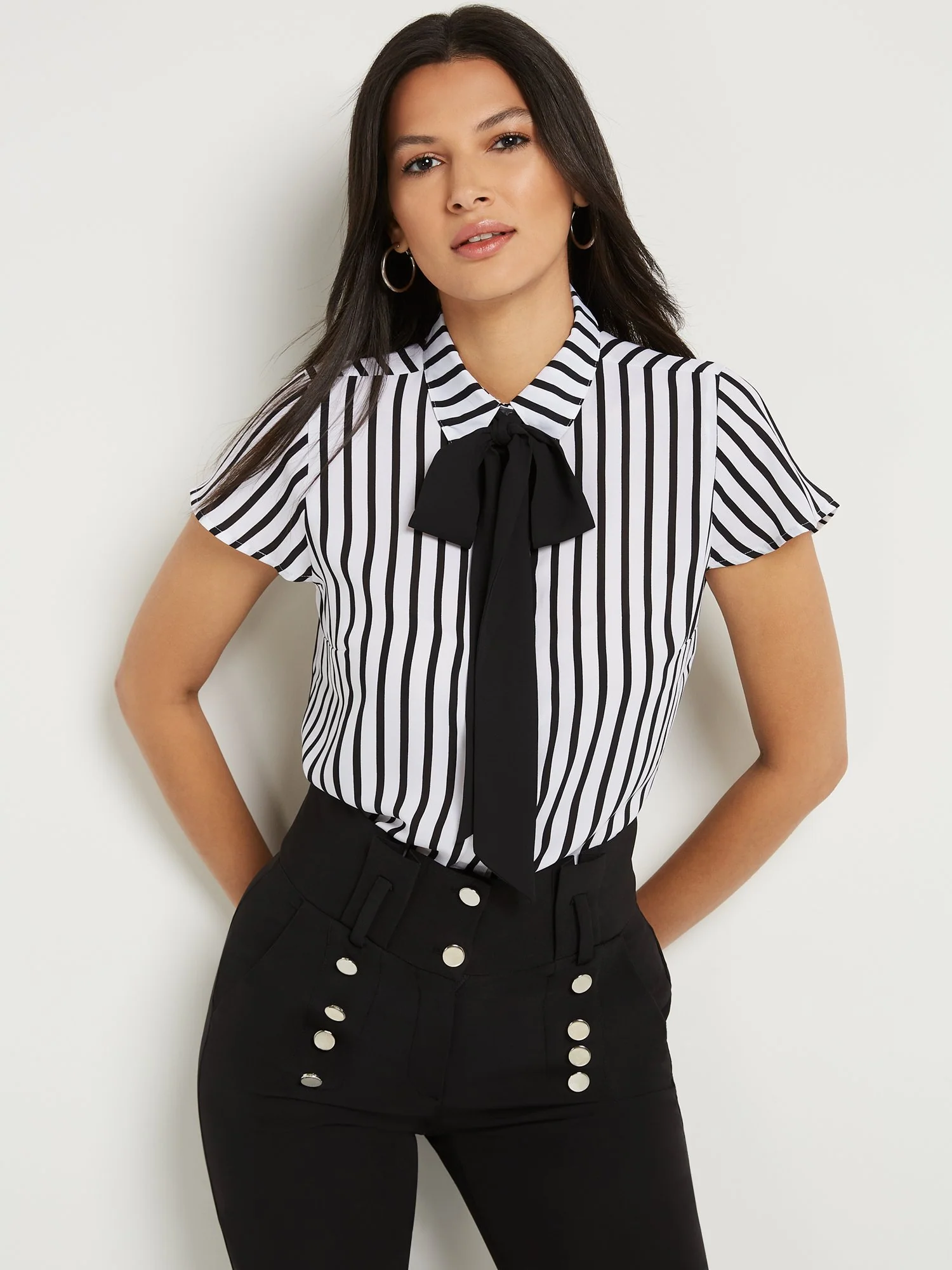 Tall Striped Button-Front Bow-Neck Blouse - Image 2