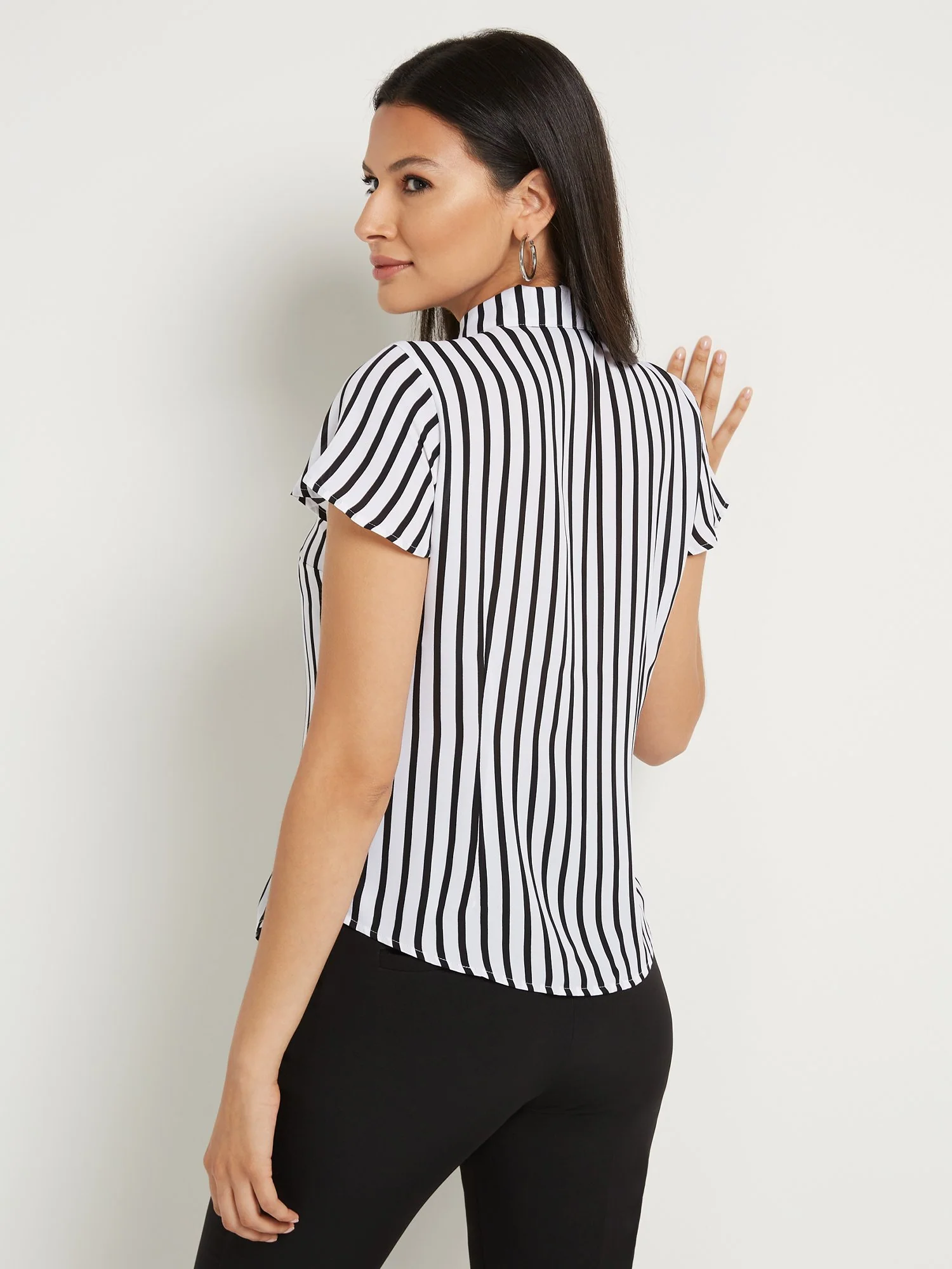 Tall Striped Button-Front Bow-Neck Blouse - Image 3