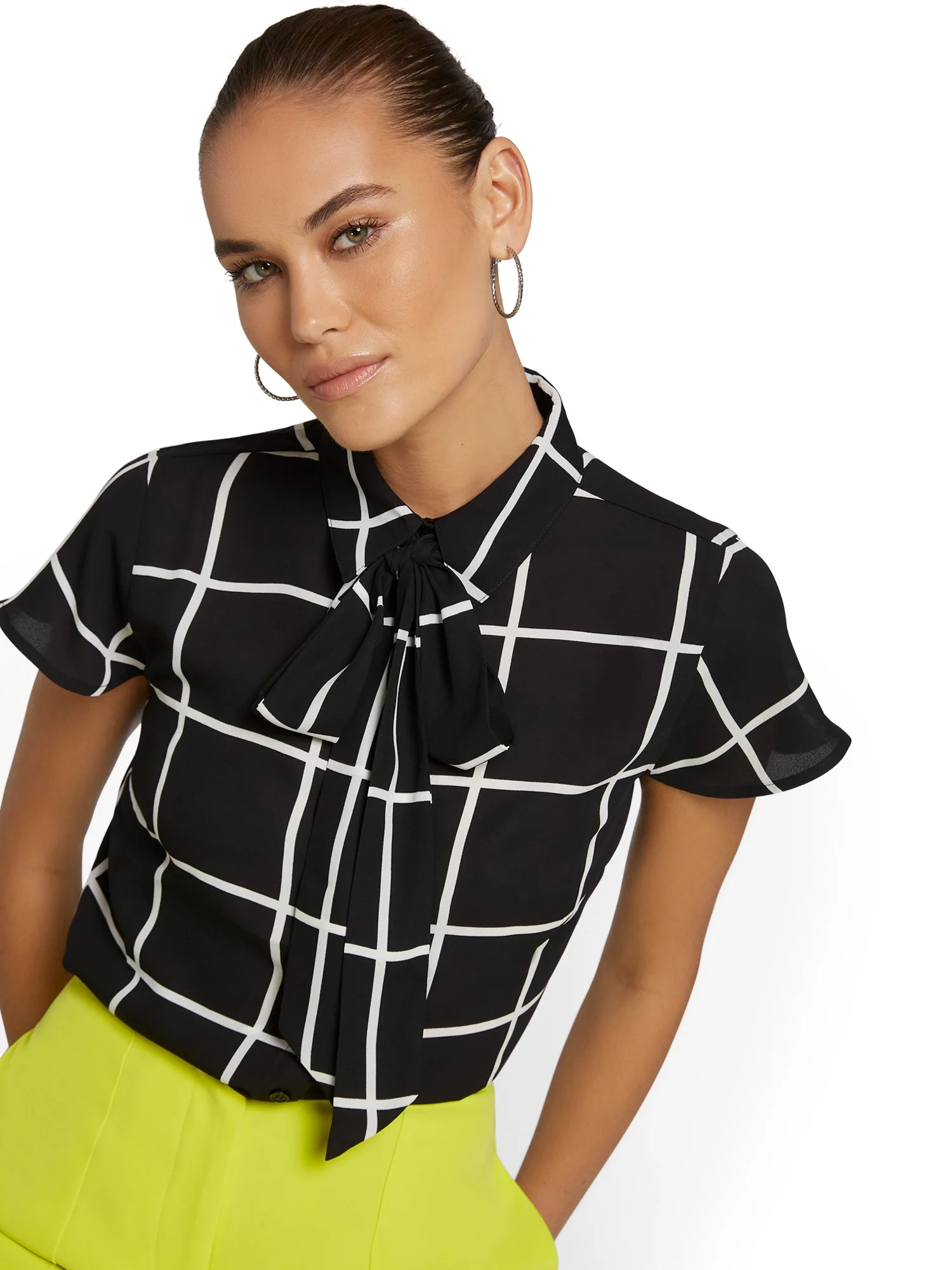 Tall Windowpane-Print Button-Front Bow-Neck Blouse - Image 2