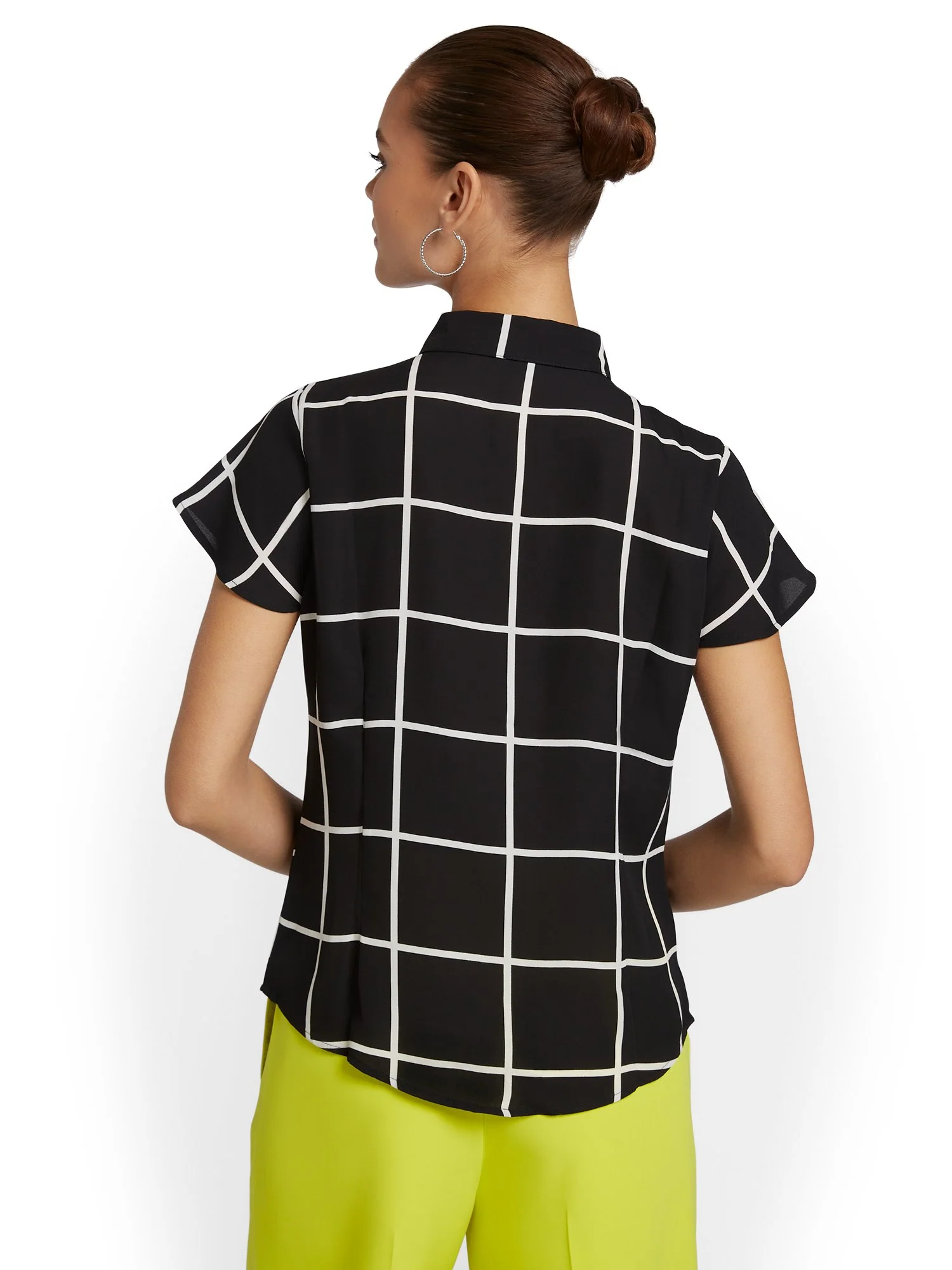 Tall Windowpane-Print Button-Front Bow-Neck Blouse - Image 3