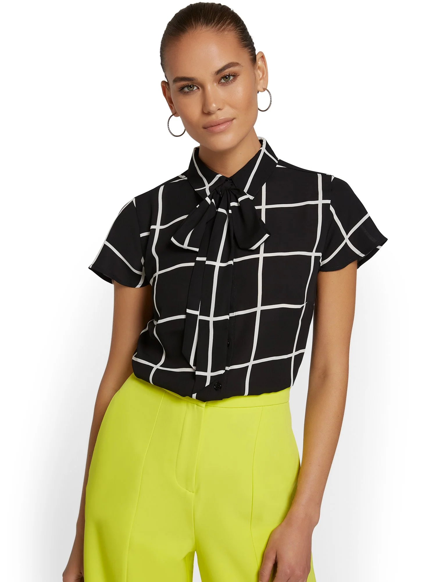 Tall Windowpane-Print Button-Front Bow-Neck Blouse - Image 4