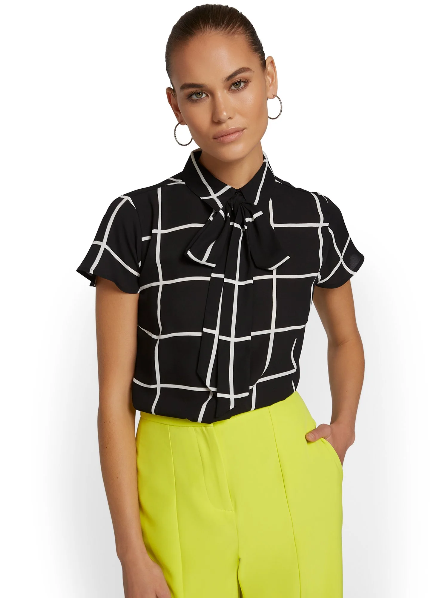 Tall Windowpane-Print Button-Front Bow-Neck Blouse - Image 5