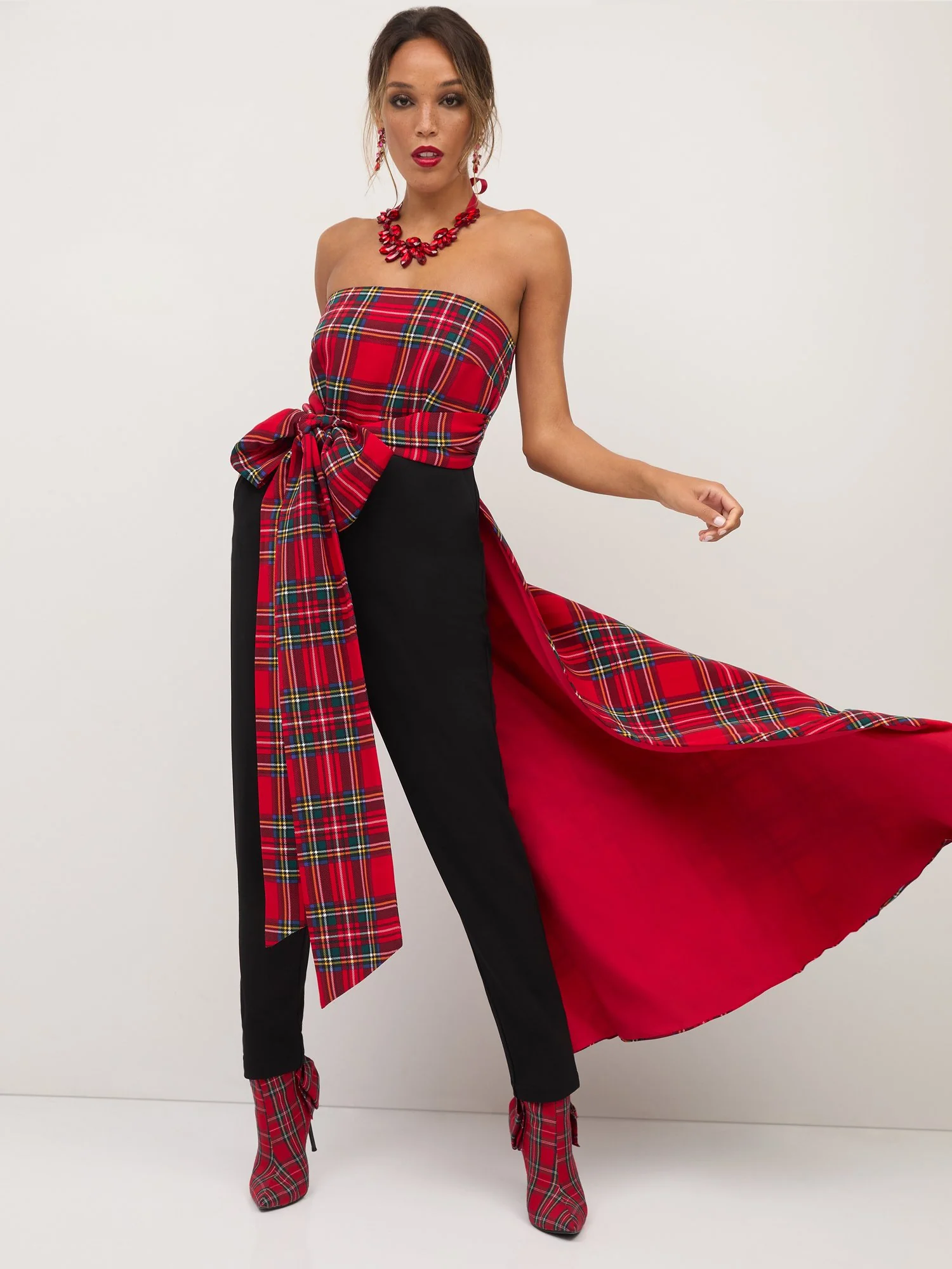 Tartan Bow-Waist Train Jumpsuit