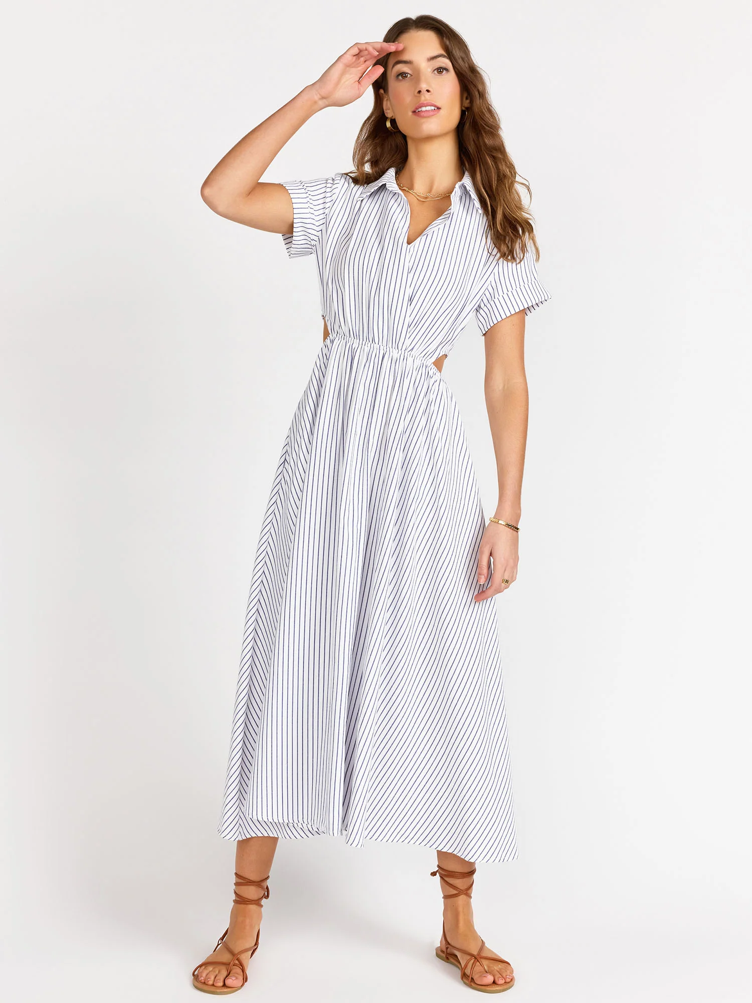Textured Short-Sleeve Cutout Linen Dress - Aakaa