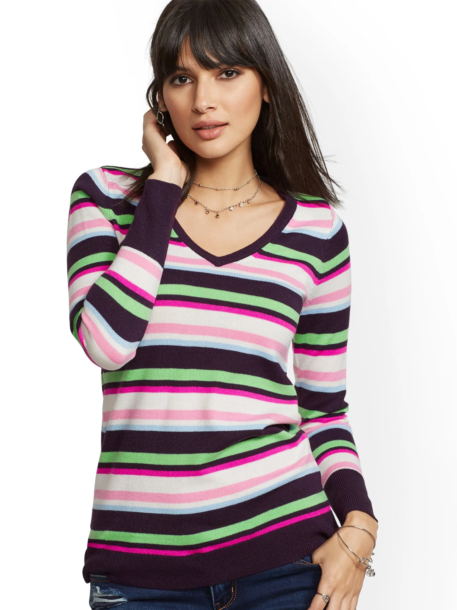 The Essential V-Neck Sweater - Multicolor Stripe - Image 2