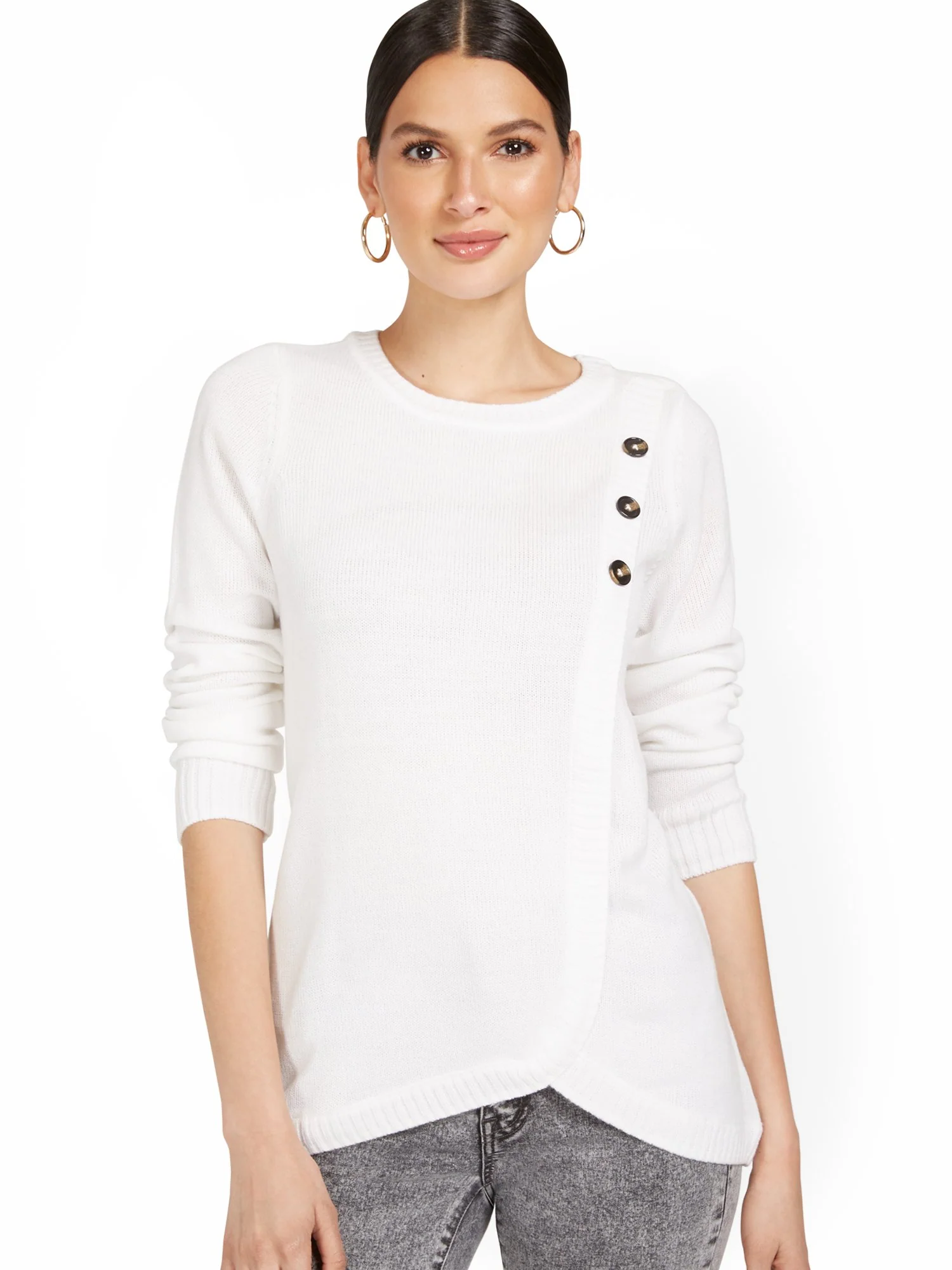 Three-Button Overlapped Tunic Sweater - Image 2