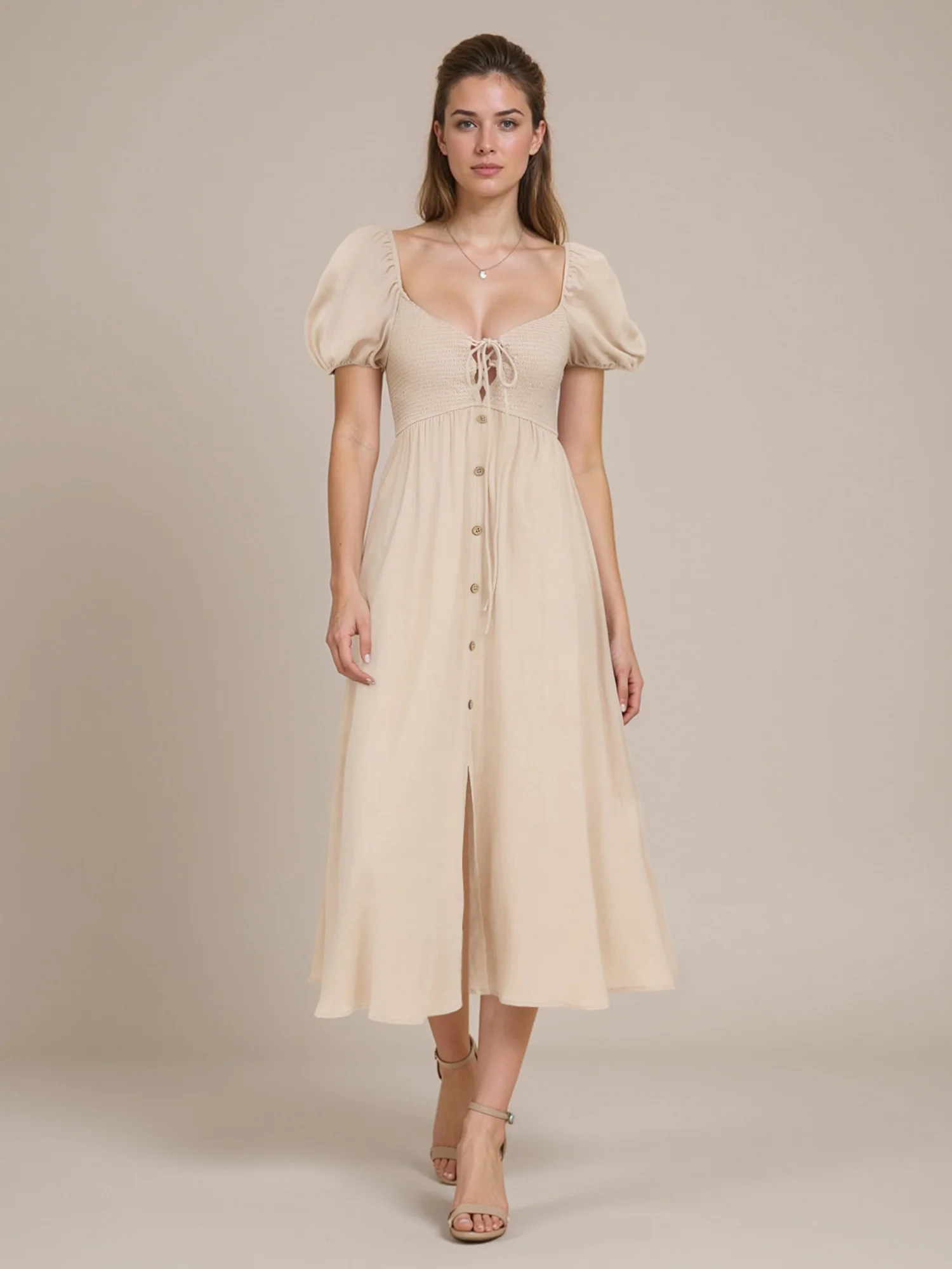 Tie-Button Down Dress With Tie Square Neckline With Front Slit
