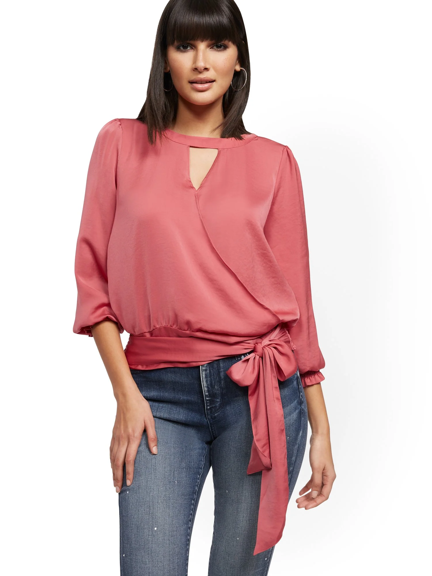 Tie-Front Keyhole Wrap Blouse - Image 2