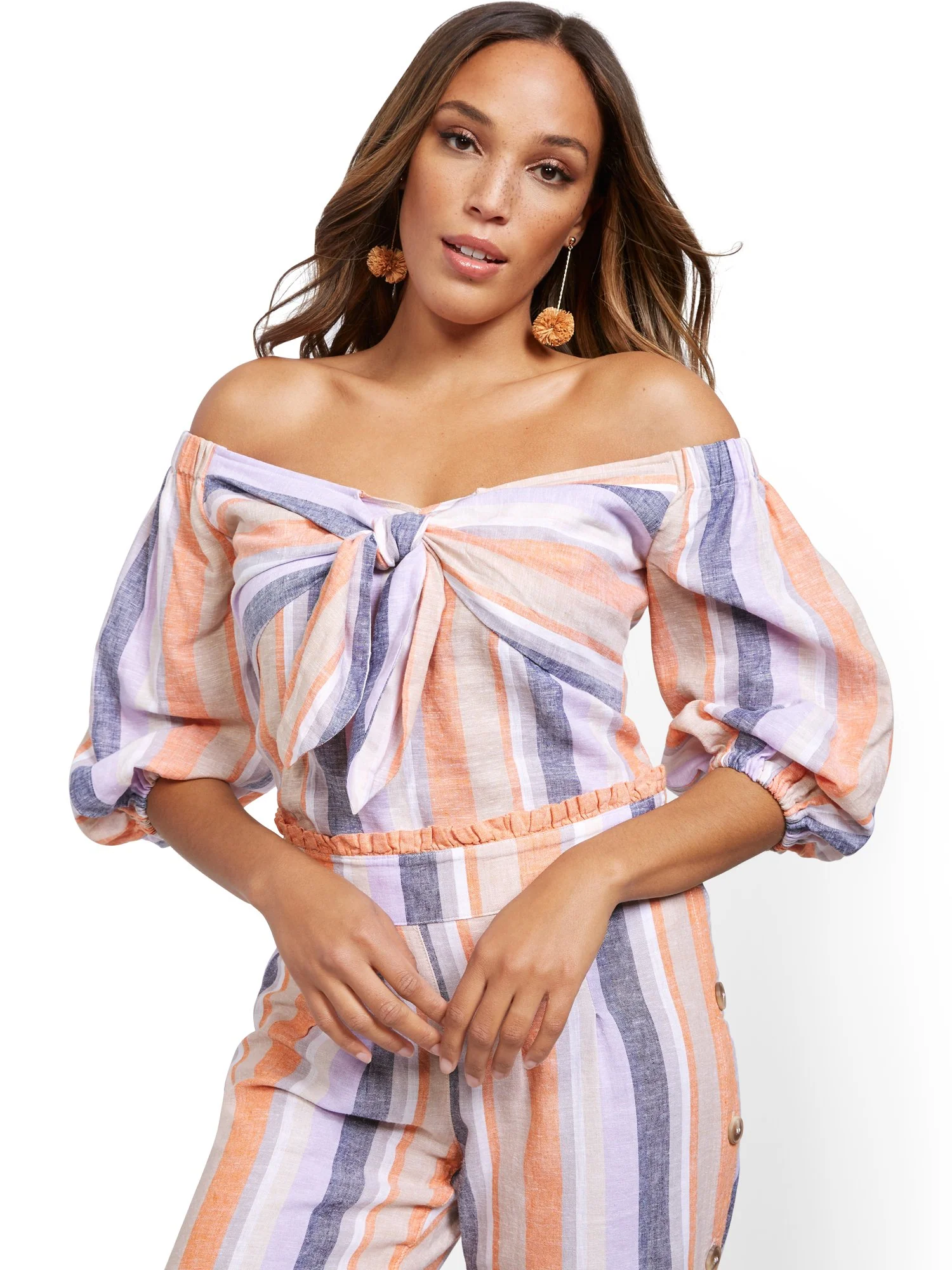 Tie-Front Off-Shoulder Linen Top - Image 2