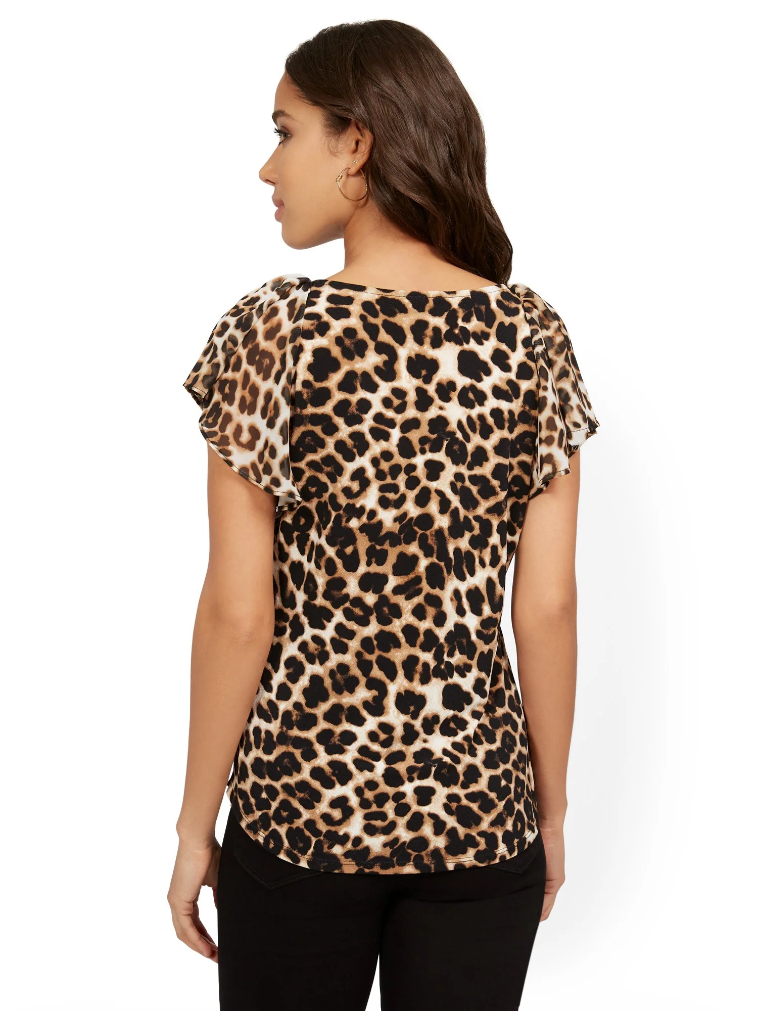 Tie-Neck Flutter-Sleeve Leopard-Print Top - Image 3