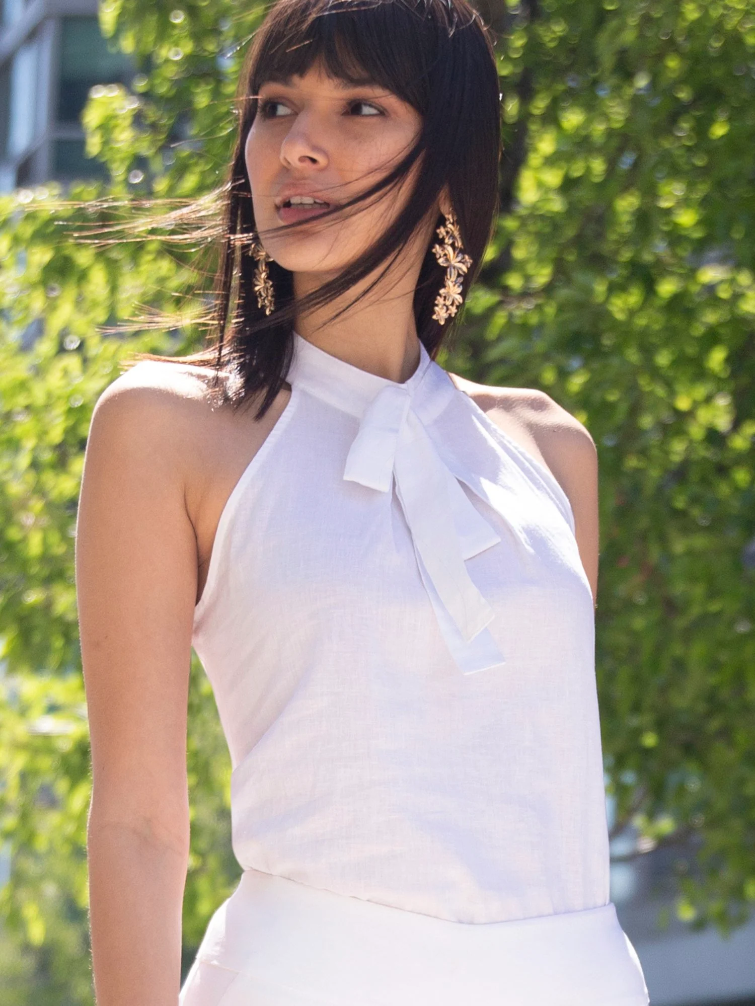 Tie-Neck Halter Linen Blouse