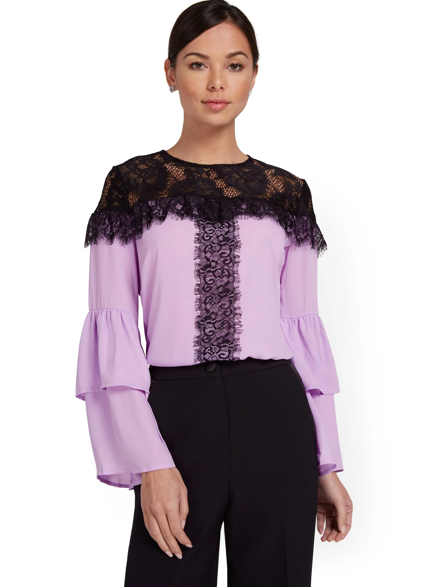 Tiered-Sleeve Lace-Accent Blouse