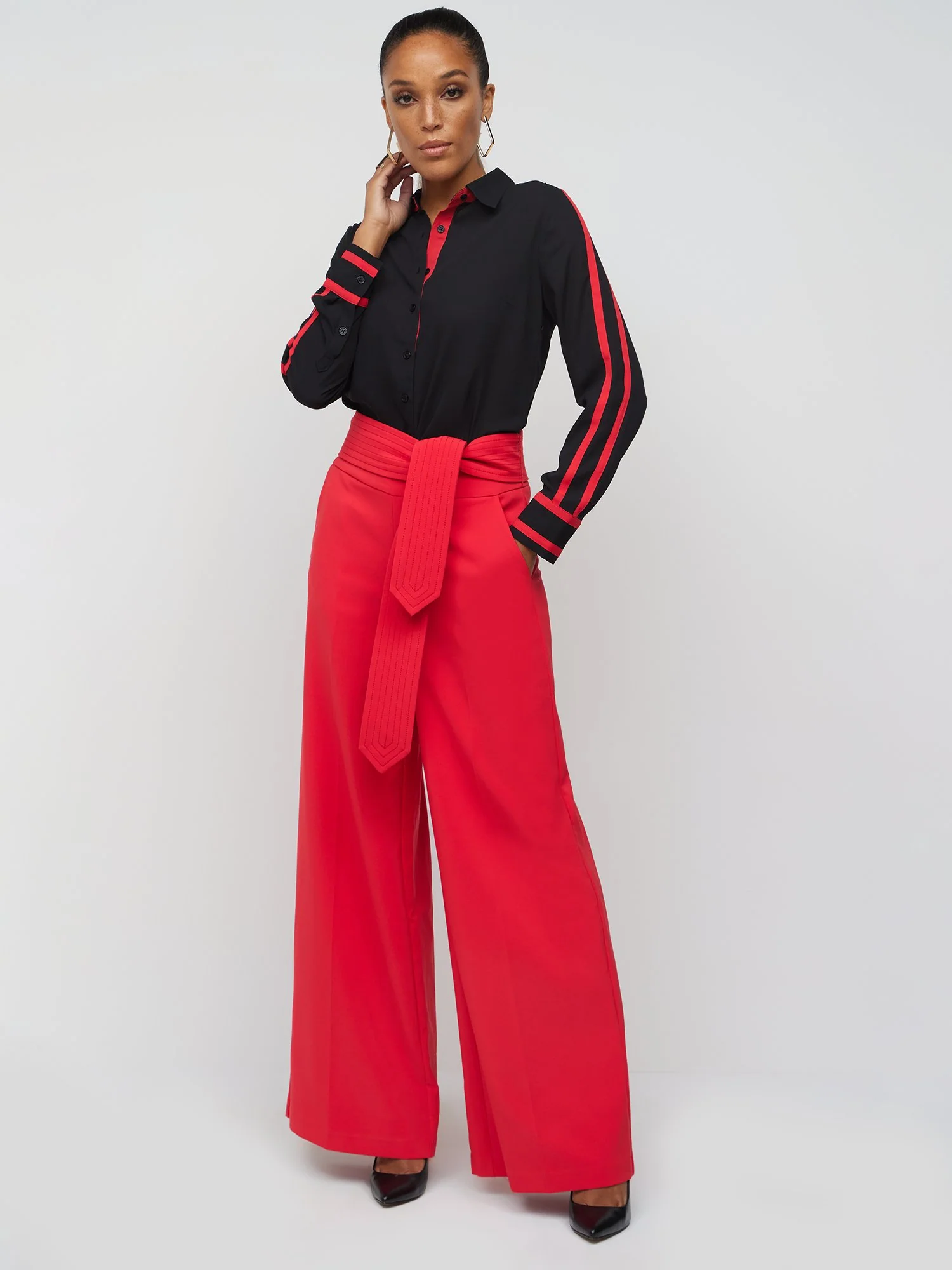 Topstitch Belted Wide-Leg Pant