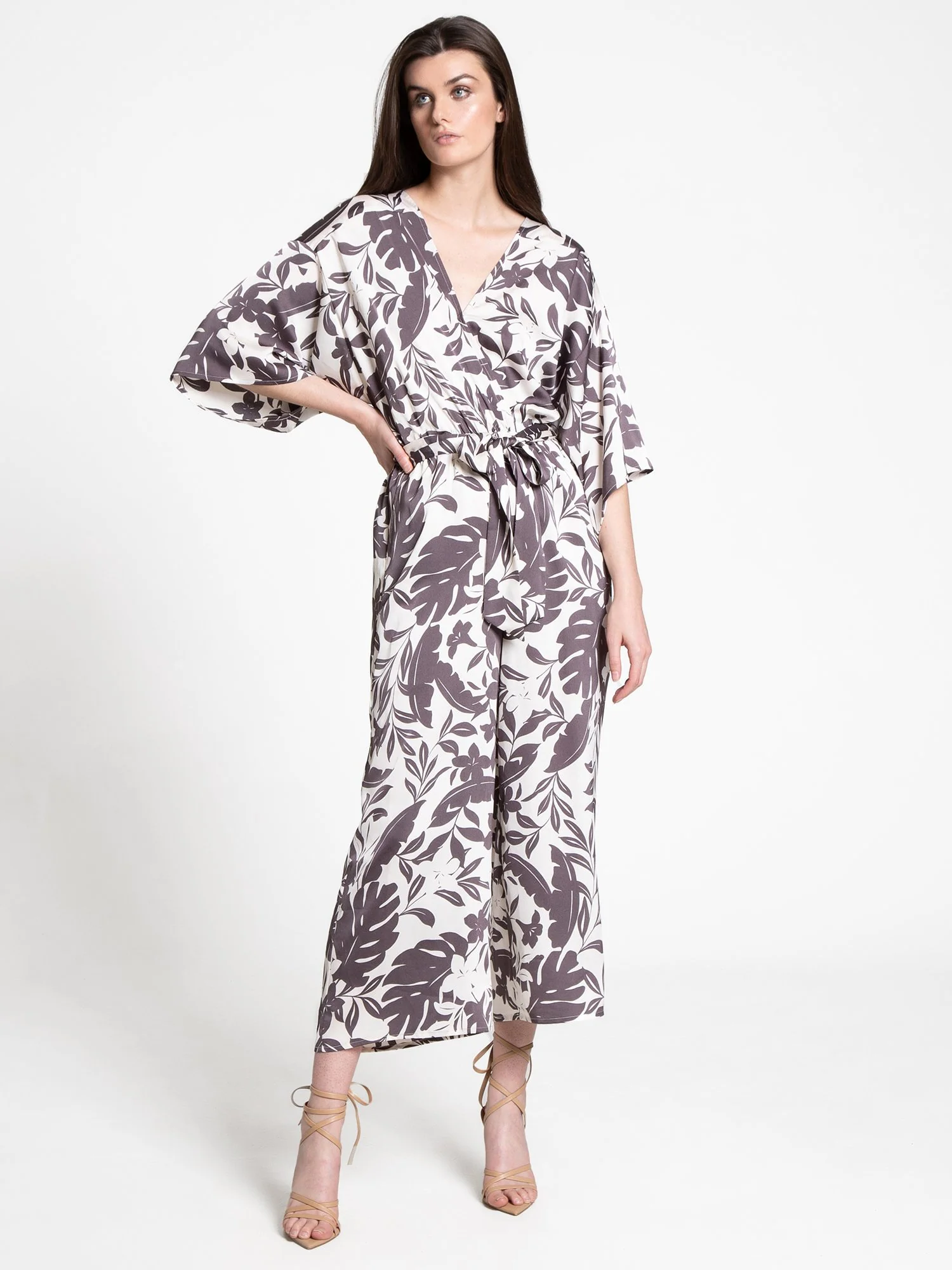 Dress Forum Tropical Long Bell-Sleeve Satin Jumpsuit - Brands We Love