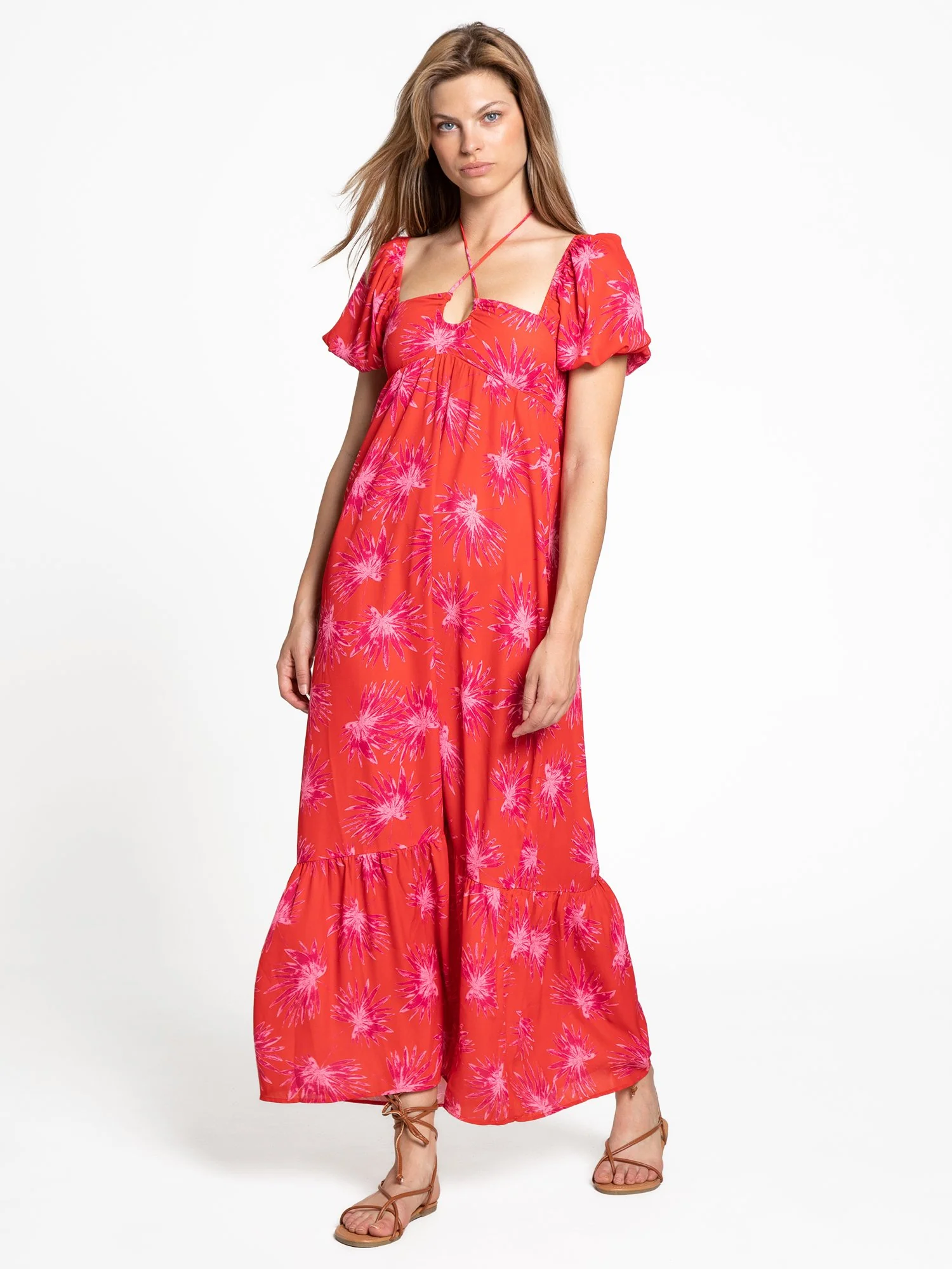 Tropical-Print Puff-Sleeve Cinch Front Maxi Dress - 4Sienna - Image 2