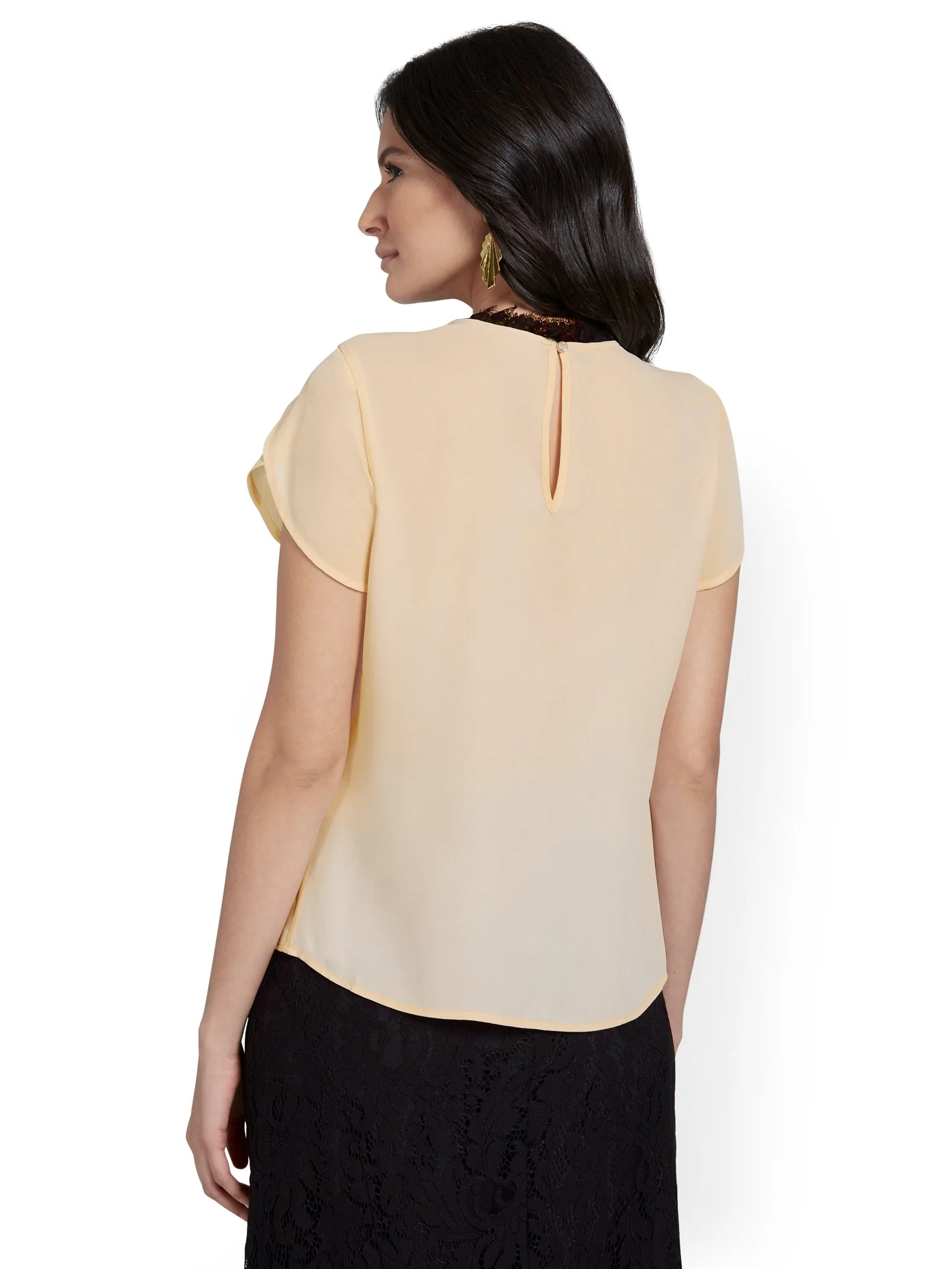 Tulip-Sleeve Lace-Contrast Blouse - Image 3