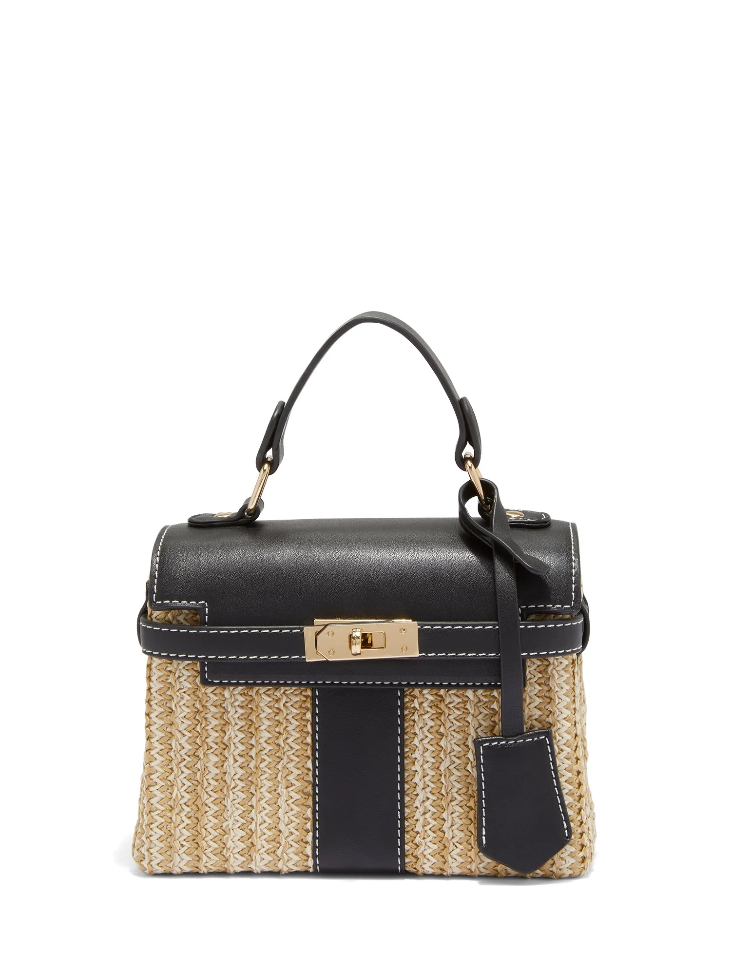Turn-Lock Straw & Faux-Leather Top Handle Bag