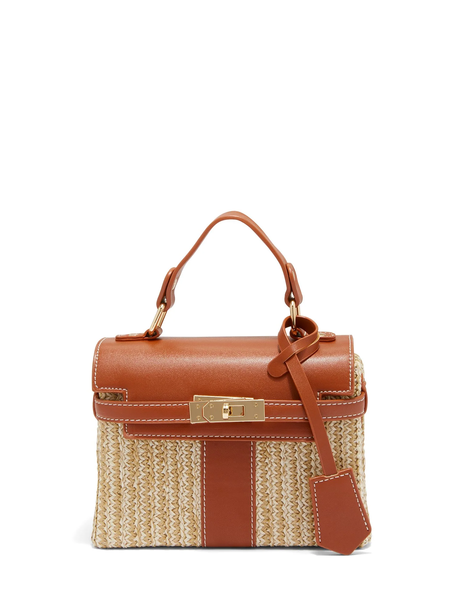 Turn-Lock Straw & Faux-Leather Top Handle Bag - Image 3