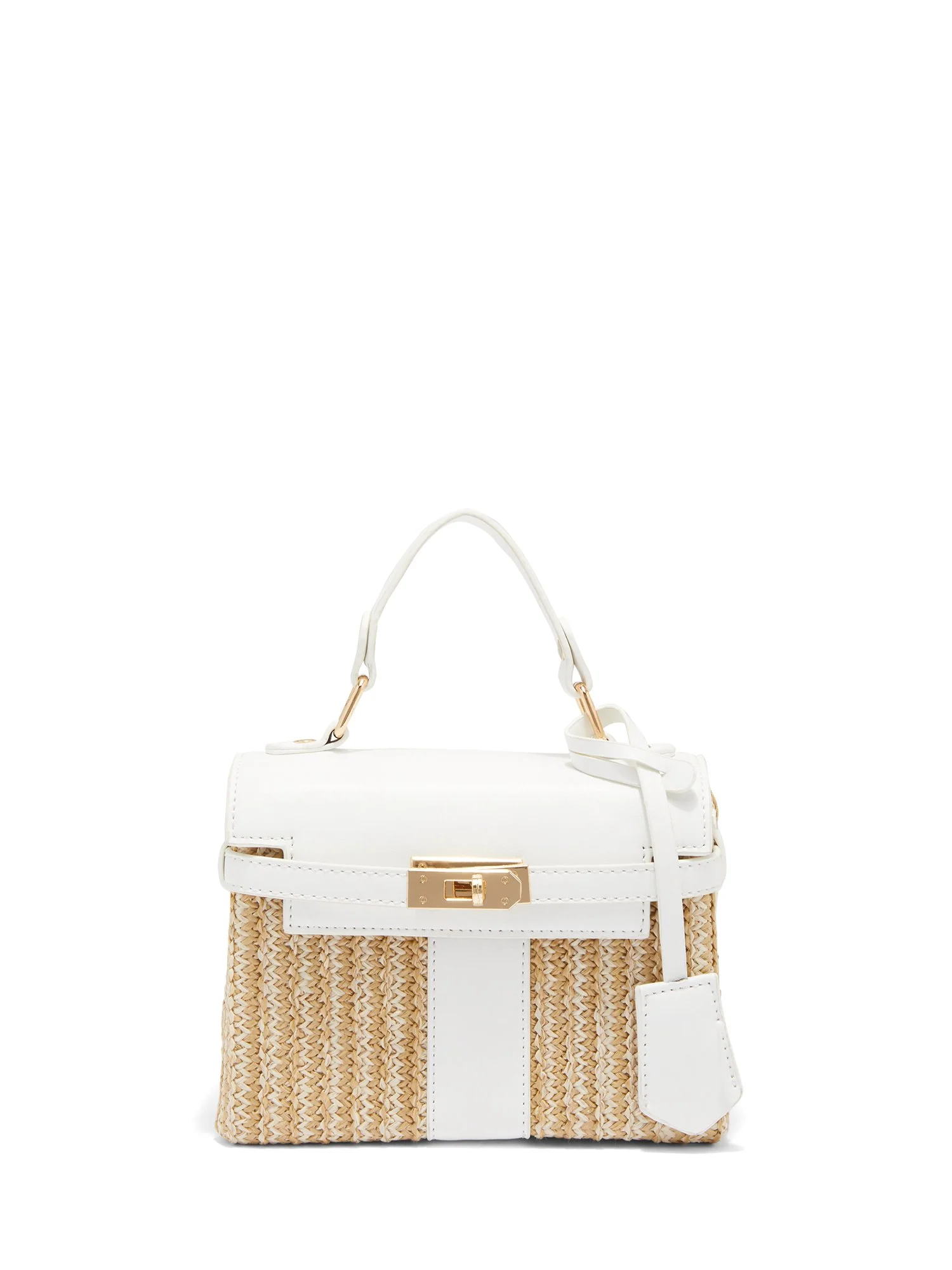 Turn-Lock Straw & Faux-Leather Top Handle Bag - Image 5