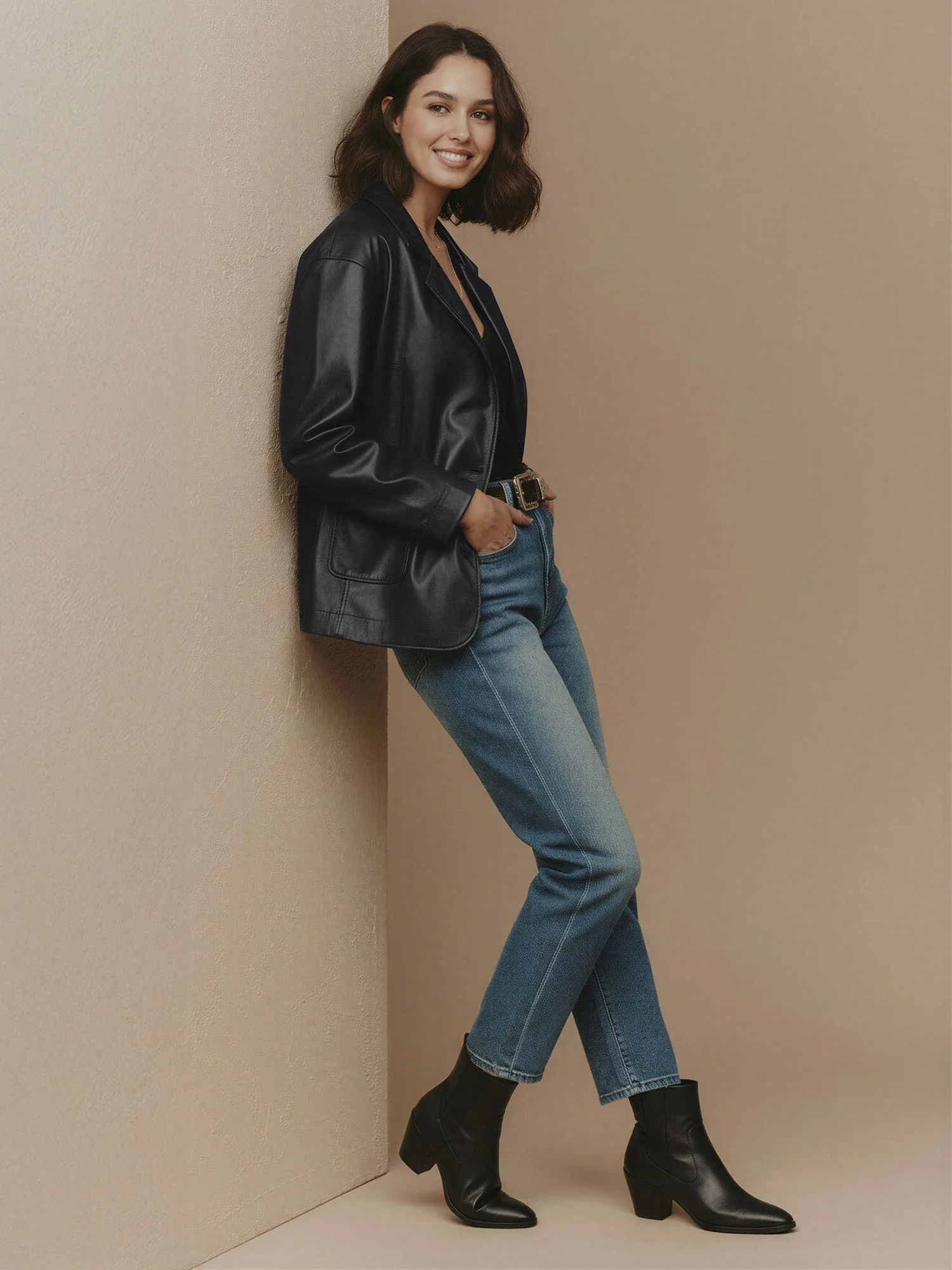 Two Button Vegan Leather Oversized Blazer - Image 2