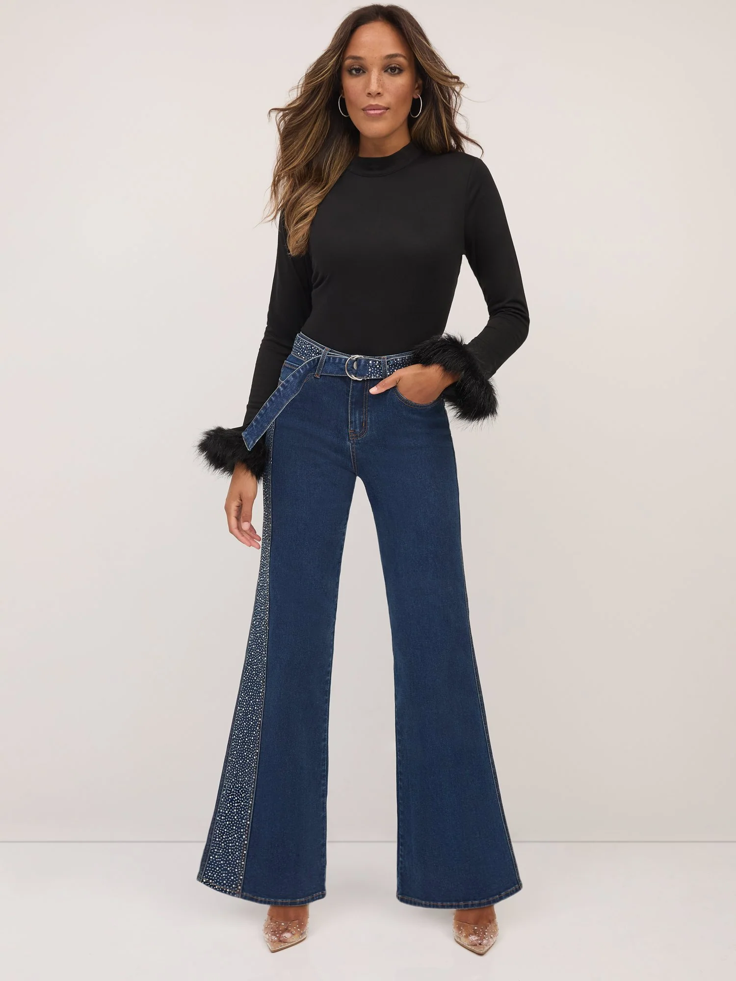 Ultra High-Waisted Rhinestone-Embellished Side-Stripe Wide-Leg Jeans - Medium Wash - Image 2