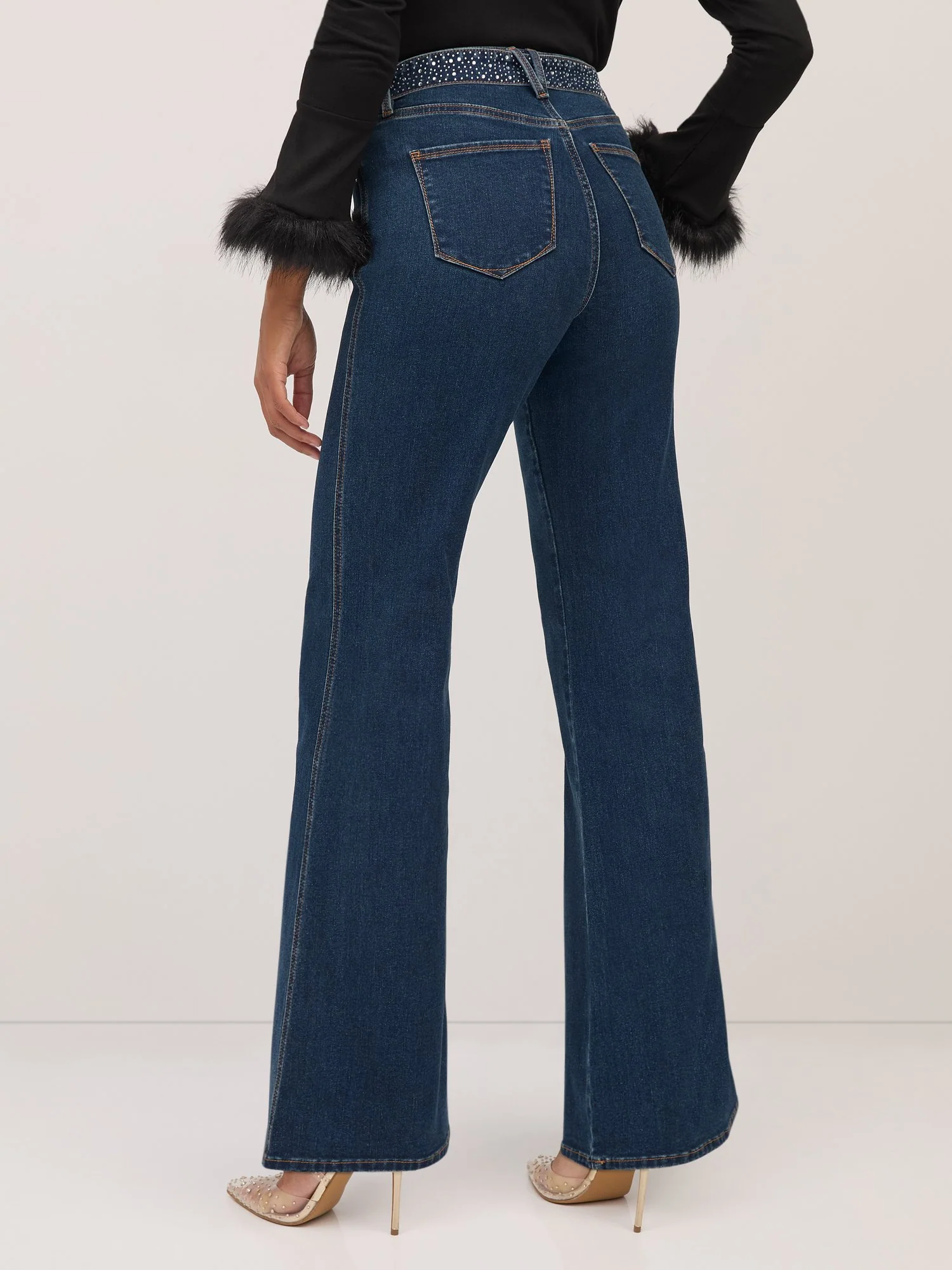 Ultra High-Waisted Rhinestone-Embellished Side-Stripe Wide-Leg Jeans - Medium Wash - Image 3