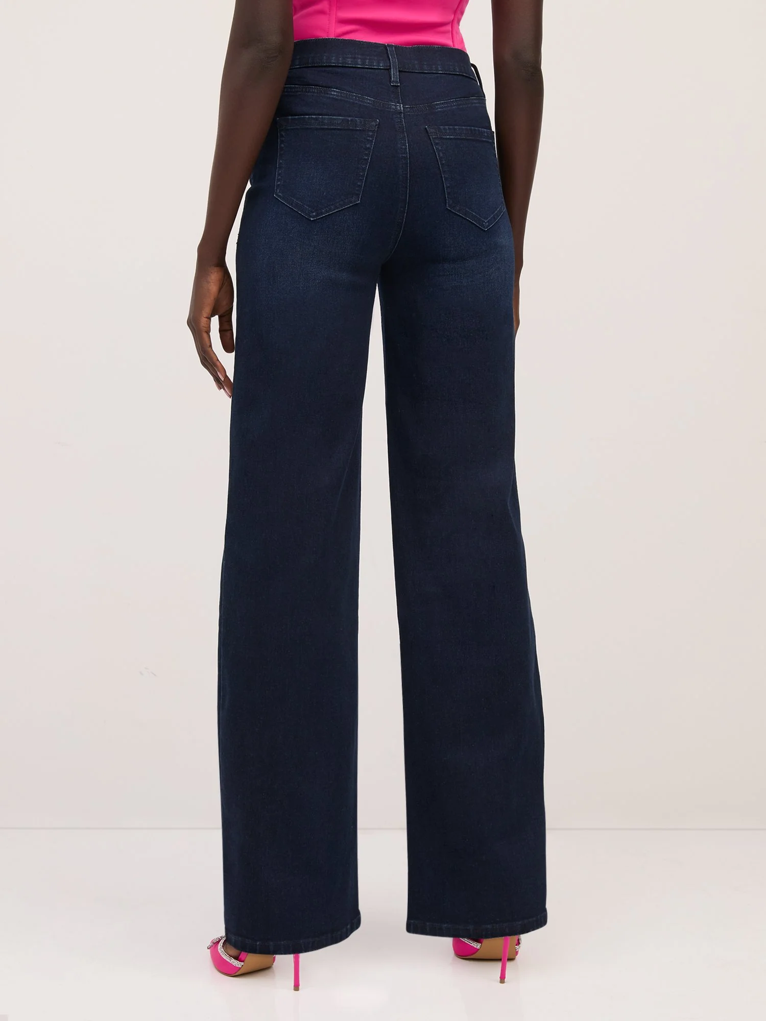 Ultra High-Waisted Rhinestone-Slit Wide-Leg Jeans - Dark Wash - Image 3