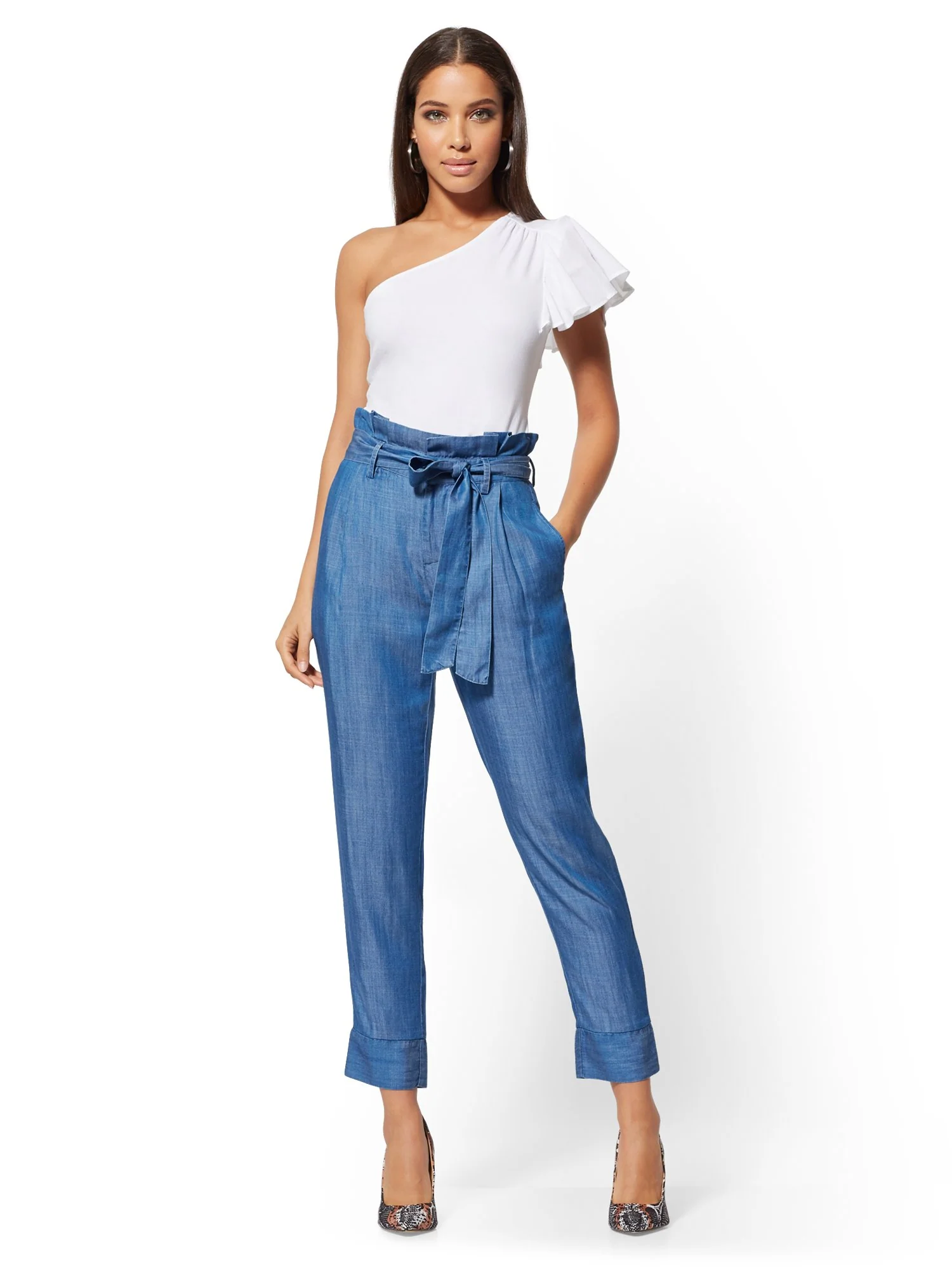 Ultra-Soft Chambray Paperbag-Waist Pant - Velvety Blue - Image 4