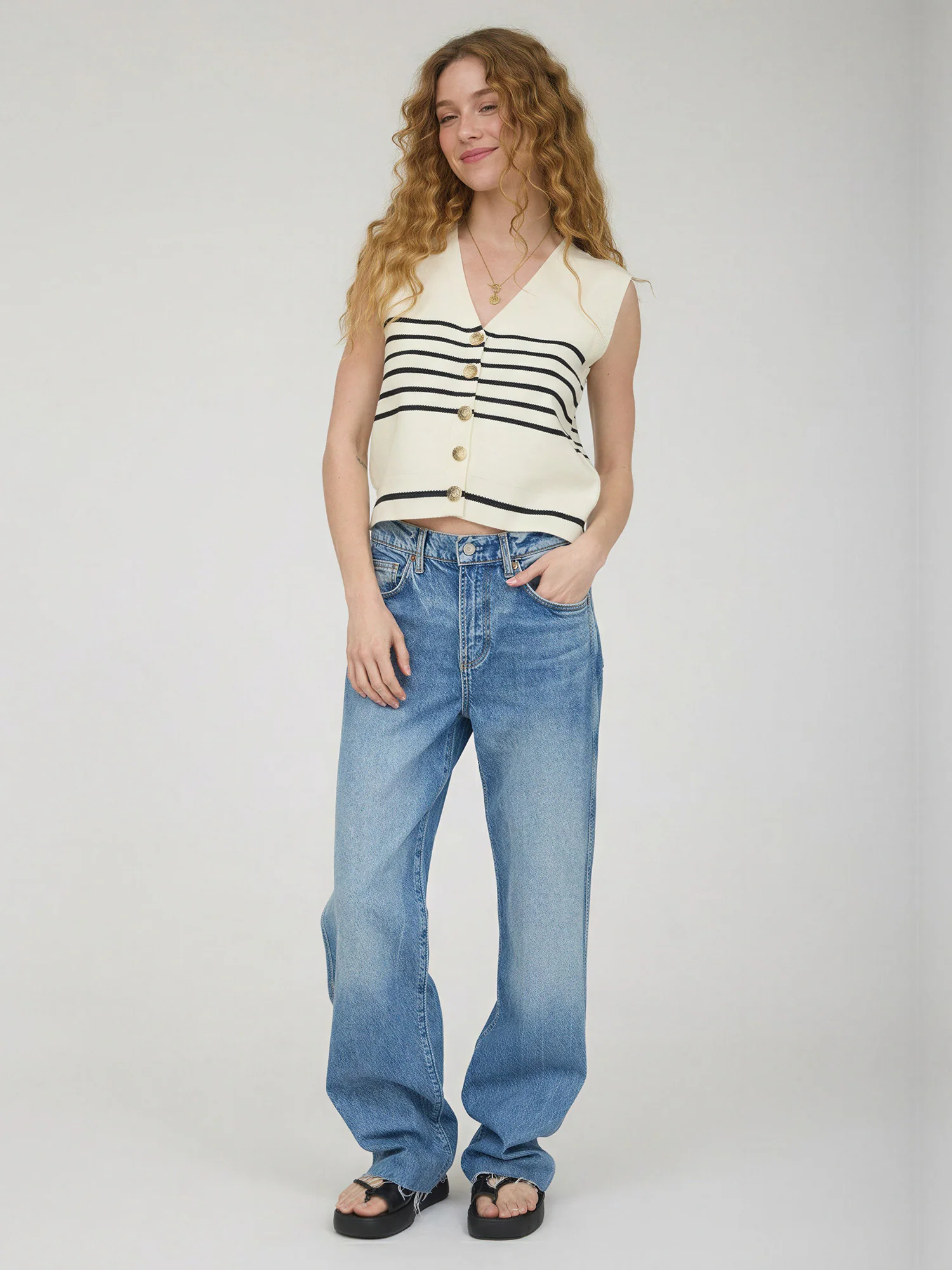 V Neck Gold Button Striped Sweater Vest - Image 2