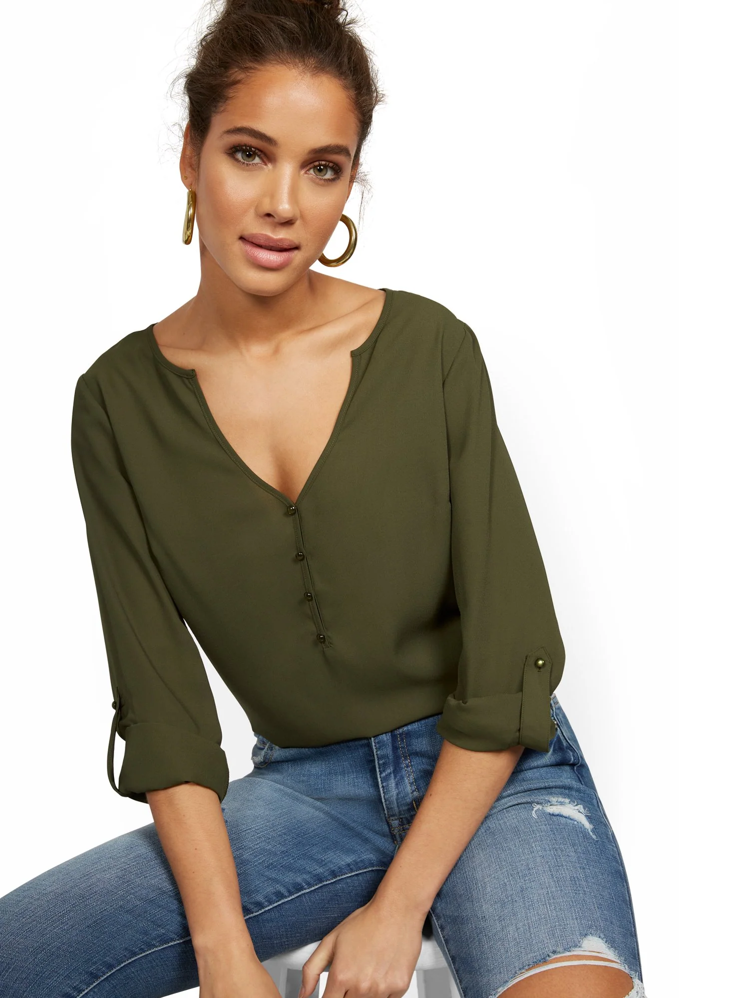 V-Neck Rolled Tab-Sleeve Blouse - Image 12