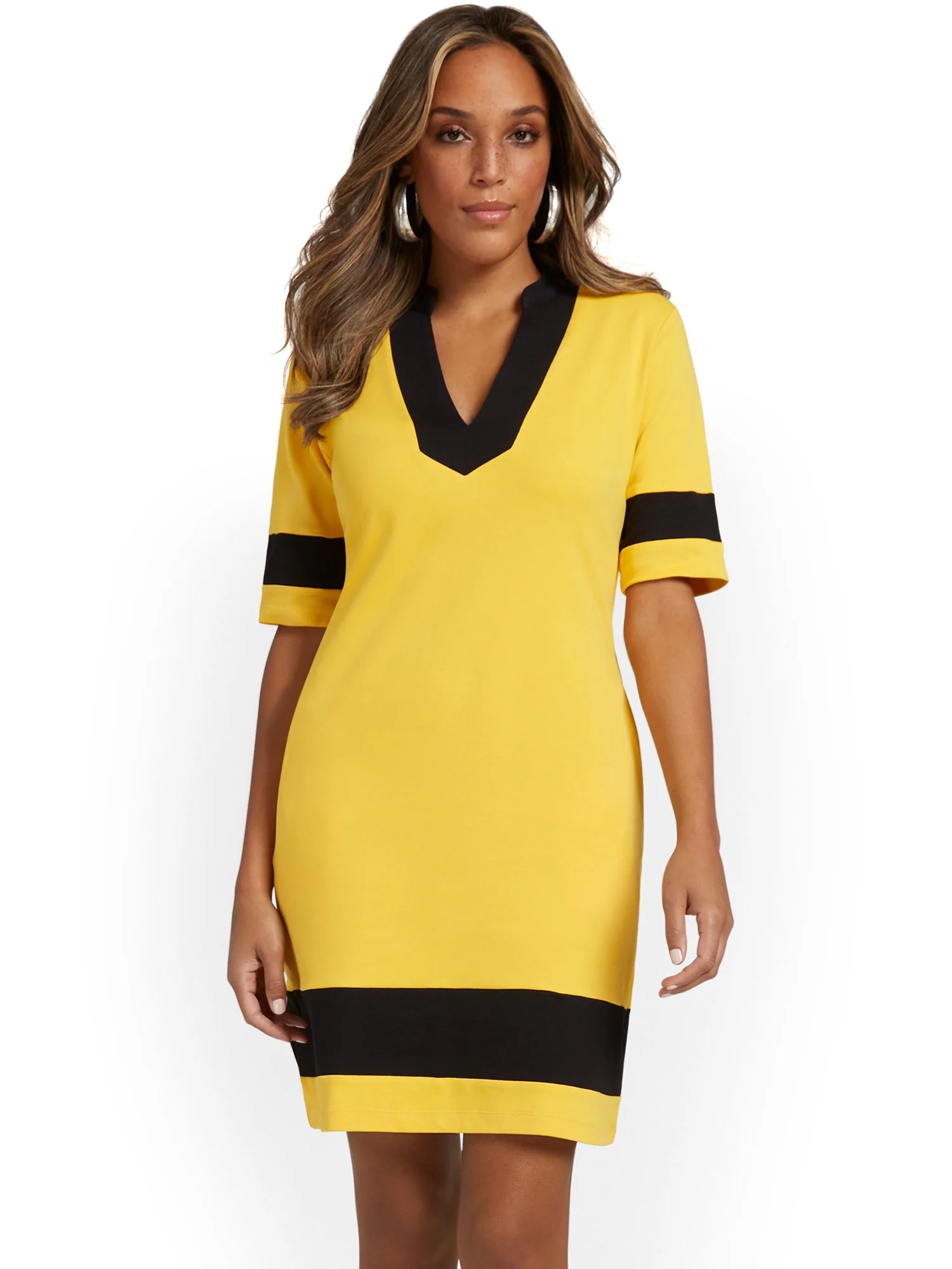 V-Neck Stripe-Accent Shift Dress - City Knits - Image 18