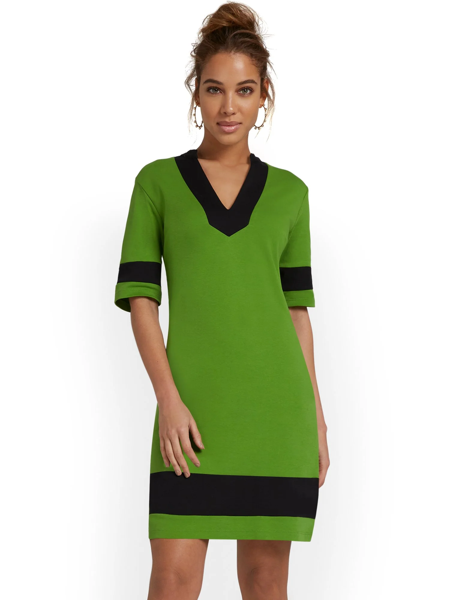 V-Neck Stripe-Accent Shift Dress - City Knits - Image 2