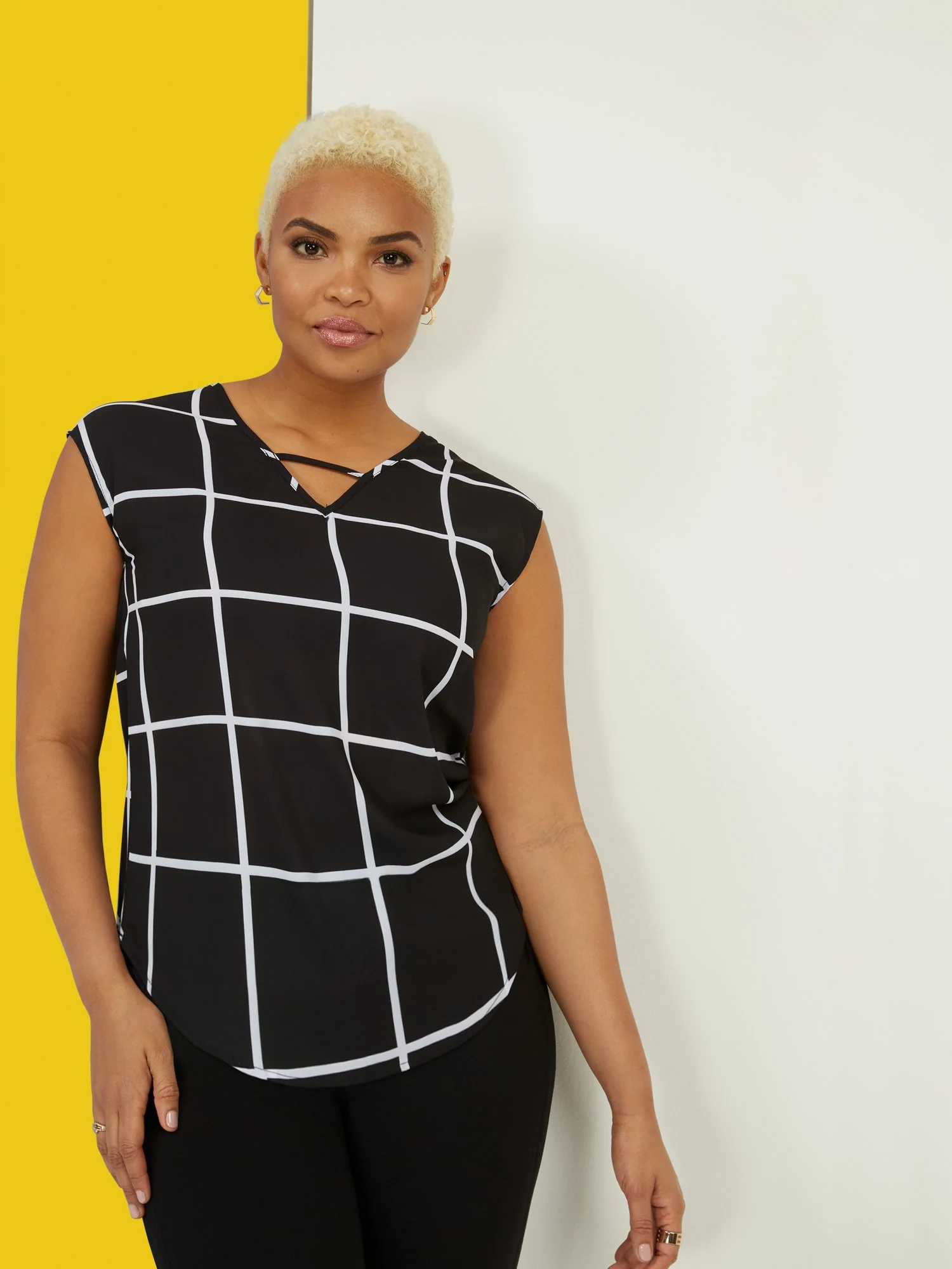 V-Neck Windowpane Blouse - Image 2