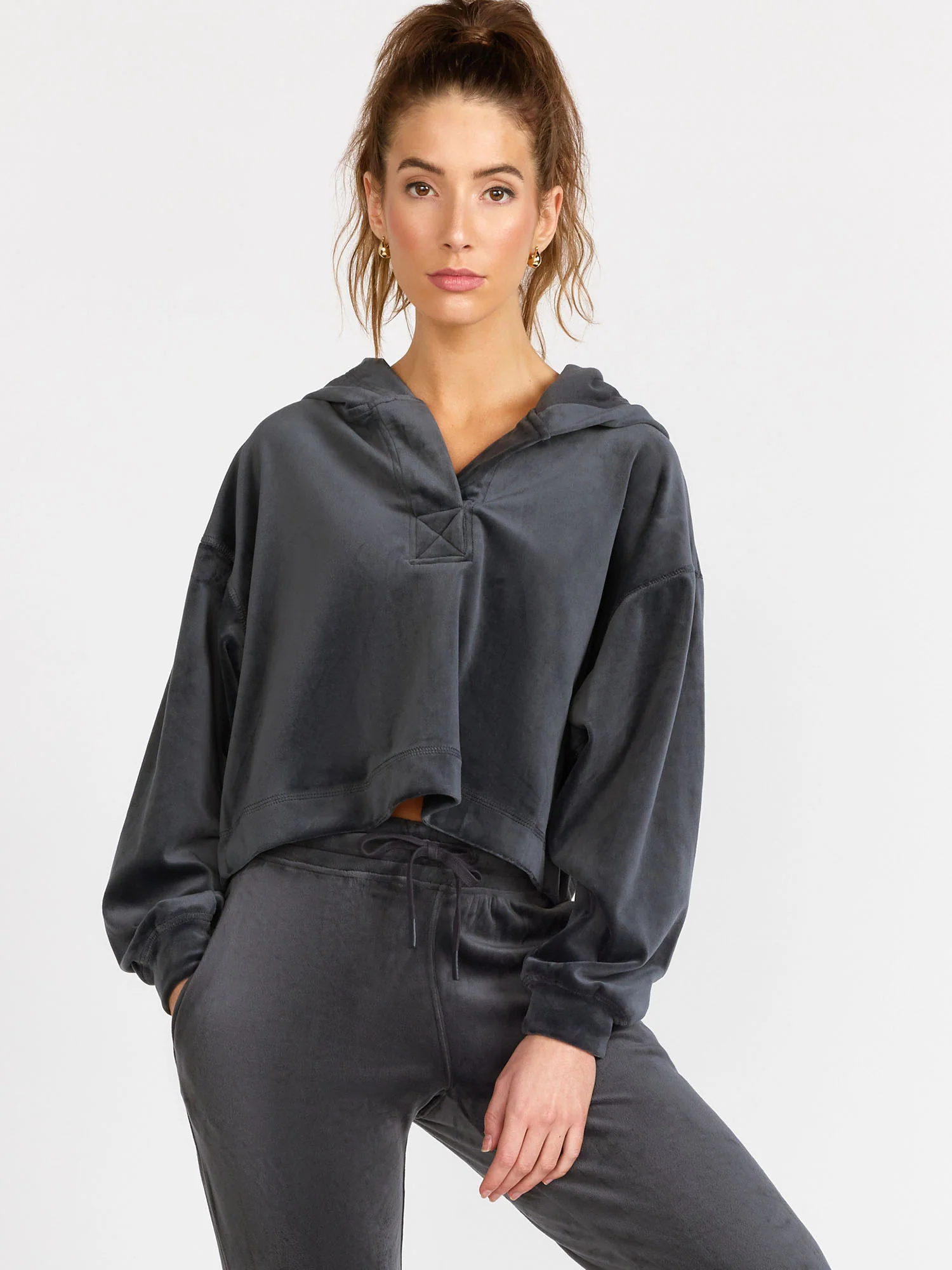 Mono B Velour Cropped Hoodie Pullover, Grey - Brands We Love - Image 2