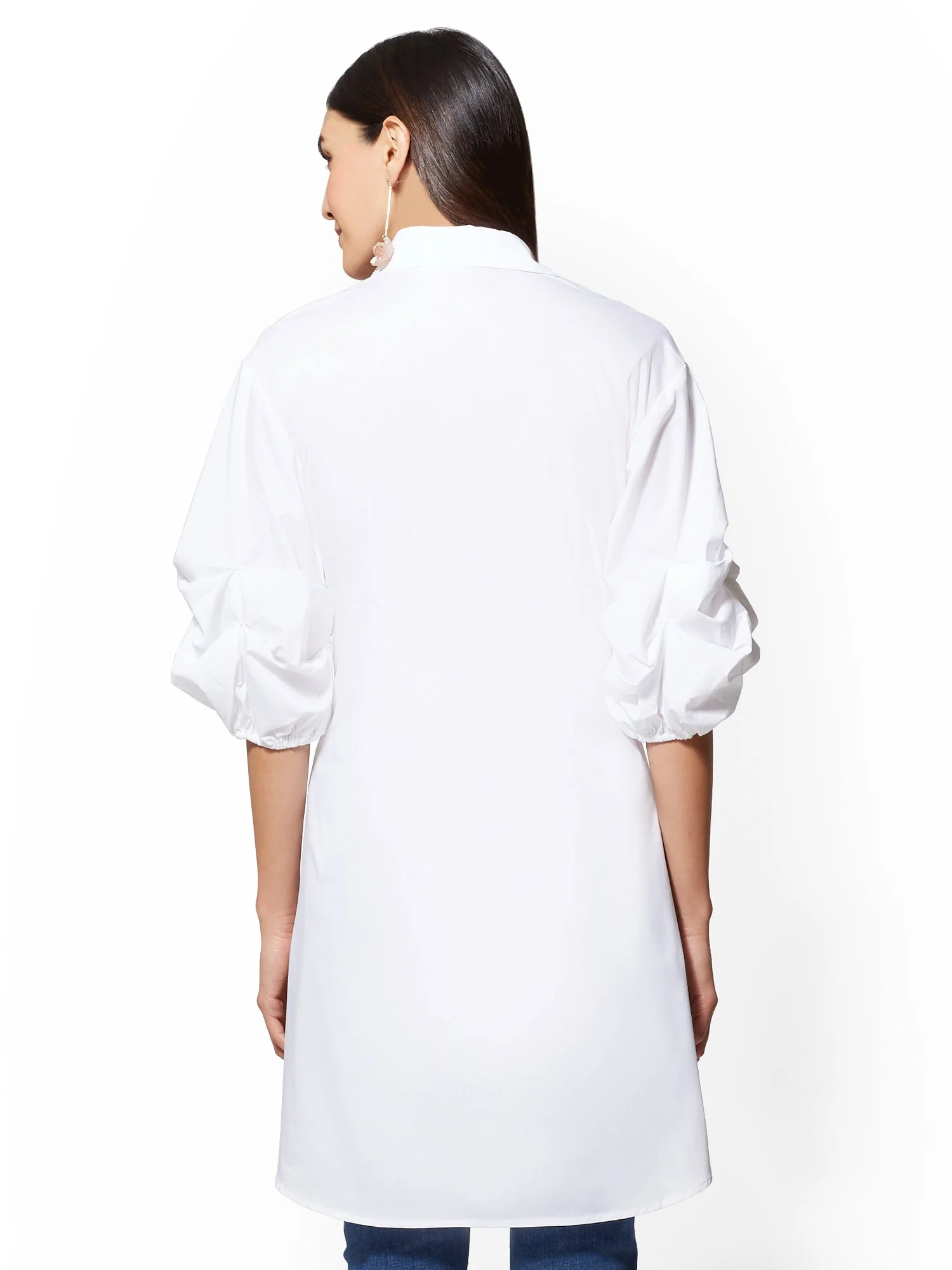 White Twist-Front Ruched-Sleeve Poplin Kimono Shirt - Image 3