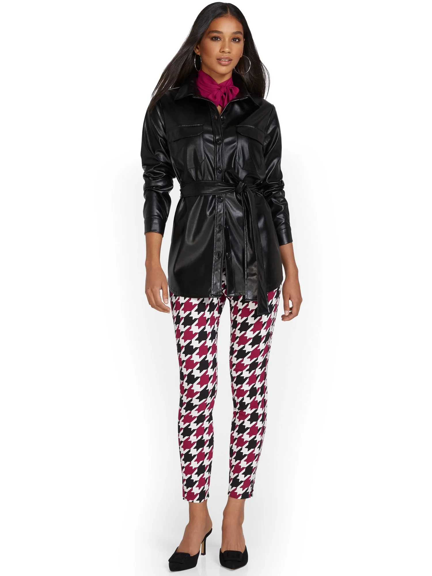 Whitney High-Waisted Pull-On Slim-Leg Ankle Pant - Berry Houndstooth - Image 4