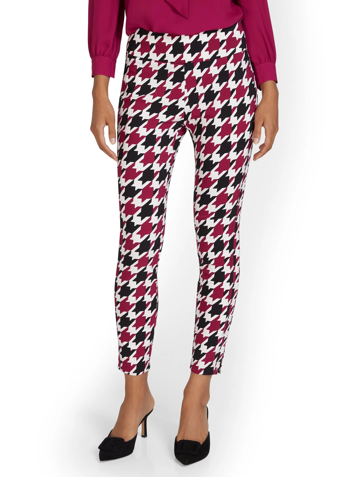 Whitney High-Waisted Pull-On Slim-Leg Ankle Pant - Berry Houndstooth - Image 5