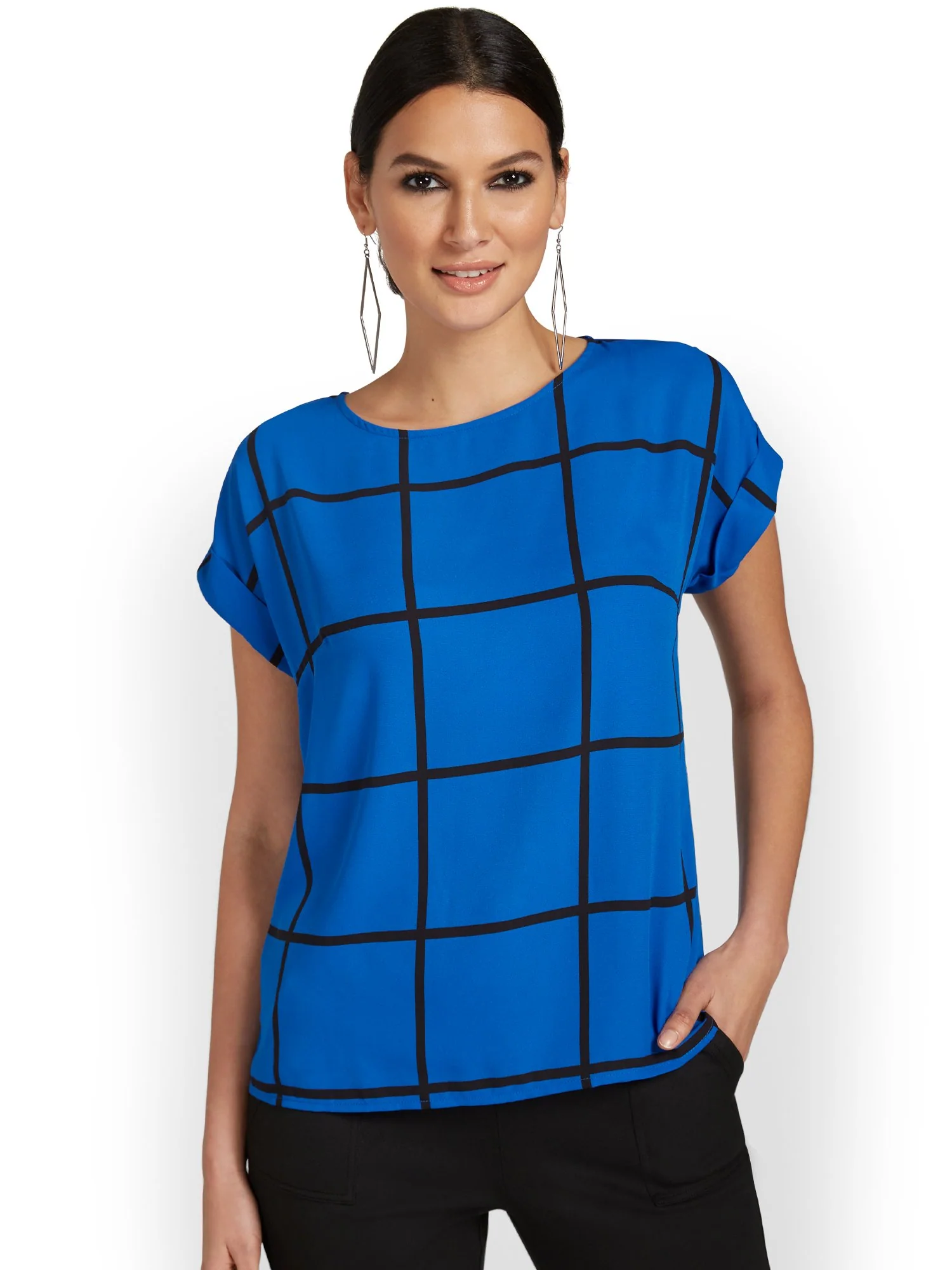 Windowpane-Print Cuff-Sleeve Tee - Image 2