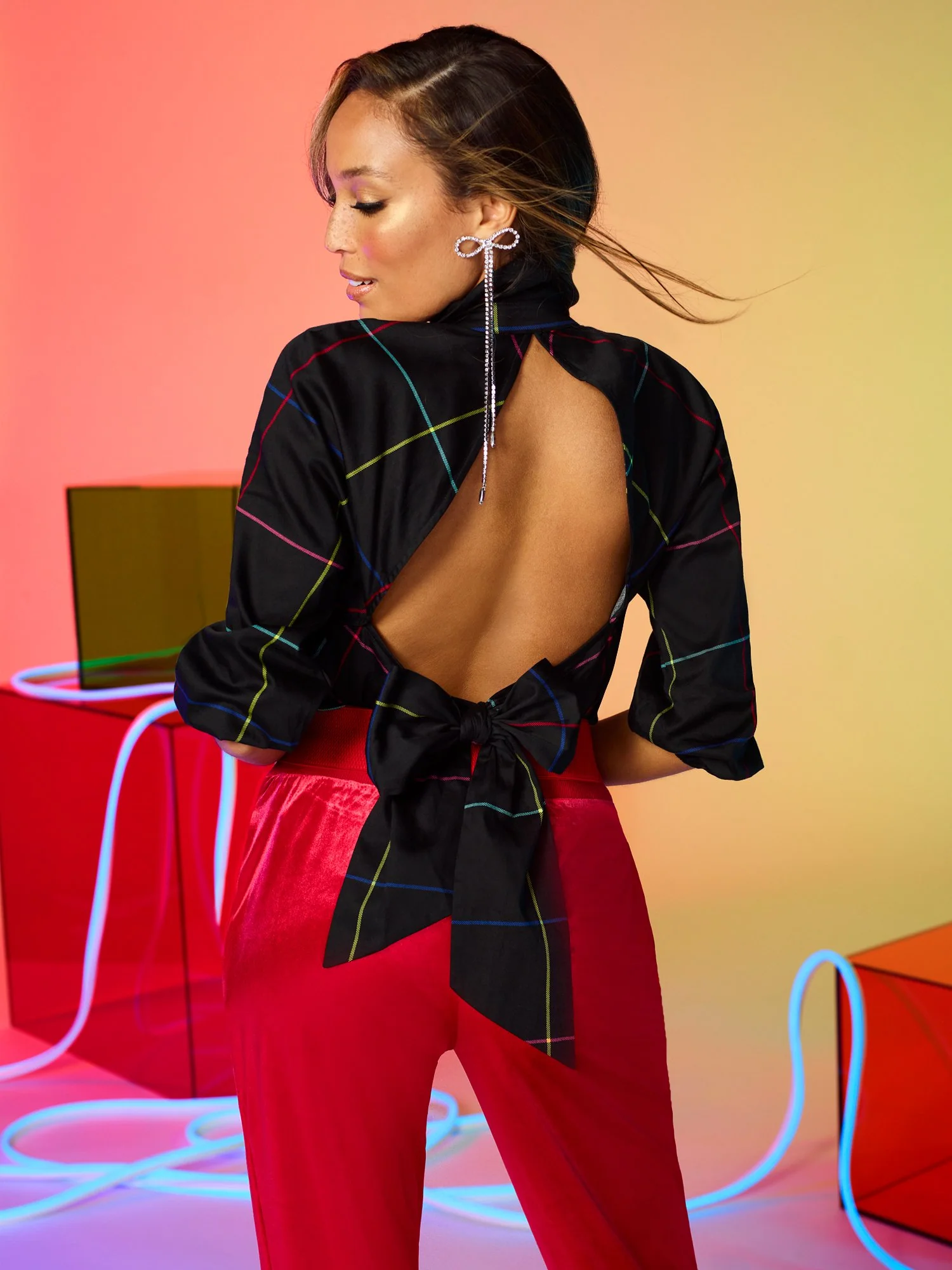 Windowpane-Print Open-Back Top