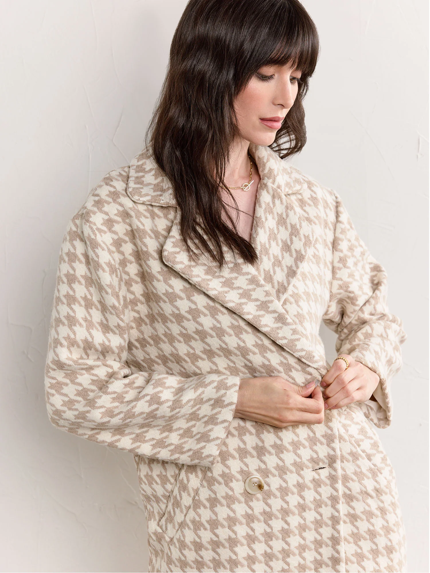 Wool Blend Houndstooth Duster Coat - Fore Collection - Image 5