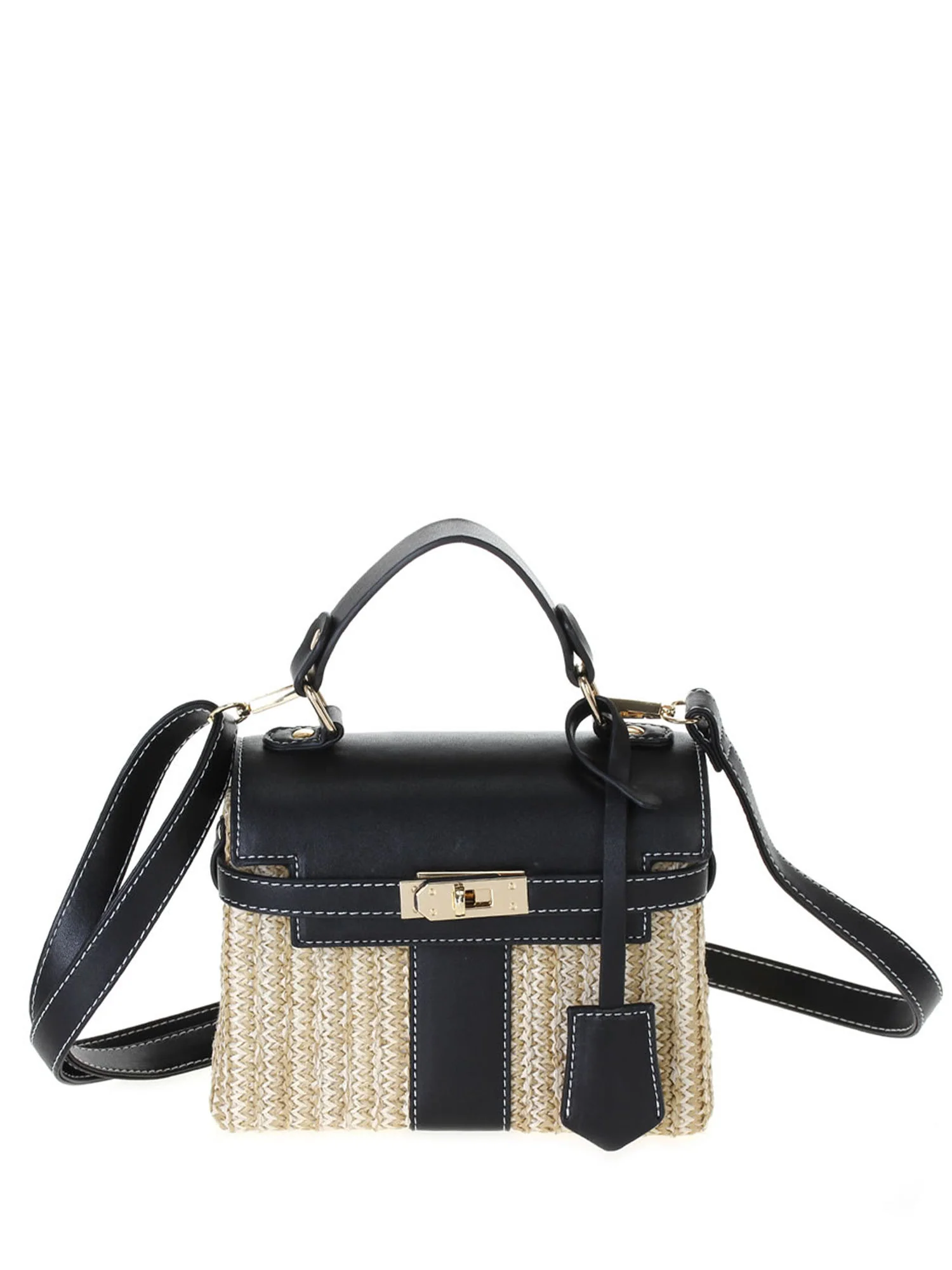 Woven Raffia Black Turnlock Mini Crossbody Bag - Image 2