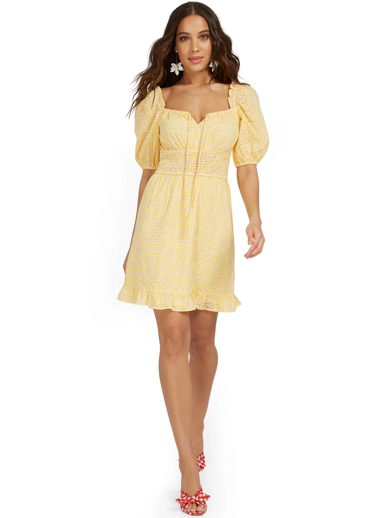 Yellow Embroidered Puff-Sleeve Gingham Dress - Image 2