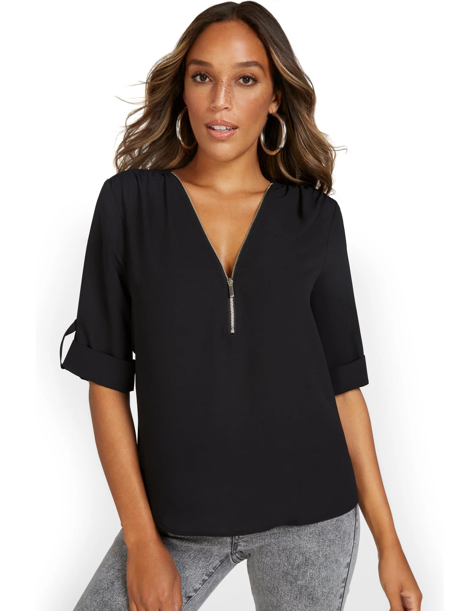 Zip-Front Elbow Blouse