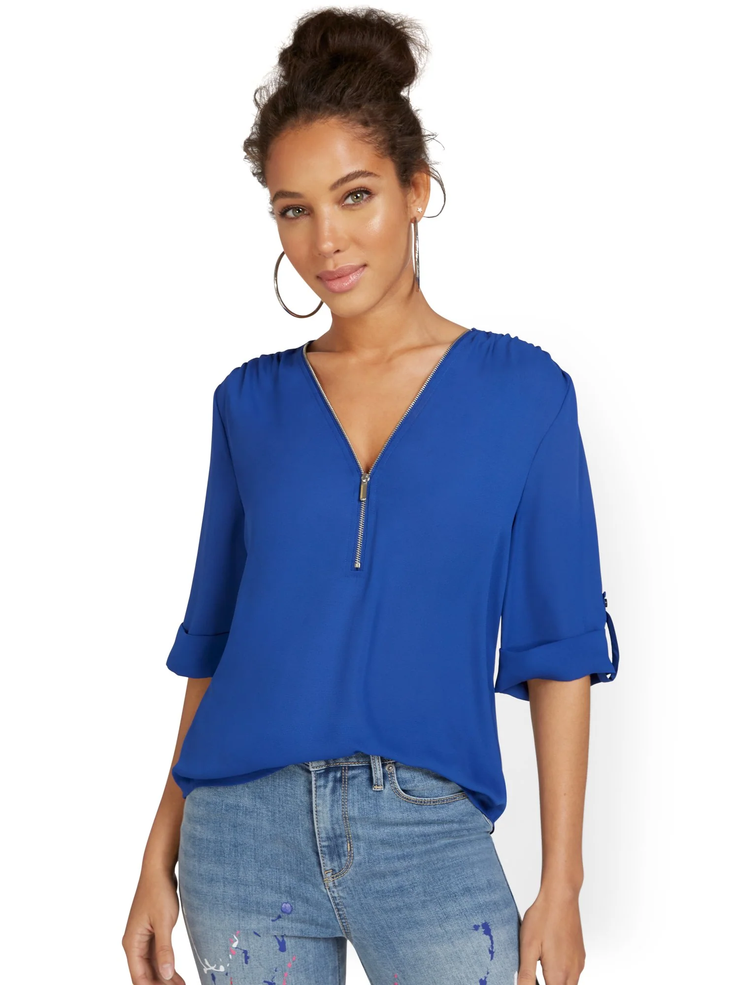 Zip-Front Elbow Blouse - Image 14